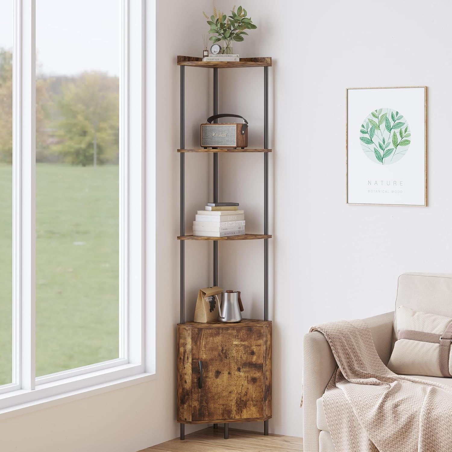 5段コーナーシェルフ - 高さ66インチの収納キャビネット&amp;本棚 リビングルーム、キッチン用 | 省スペースディスプレイスタ