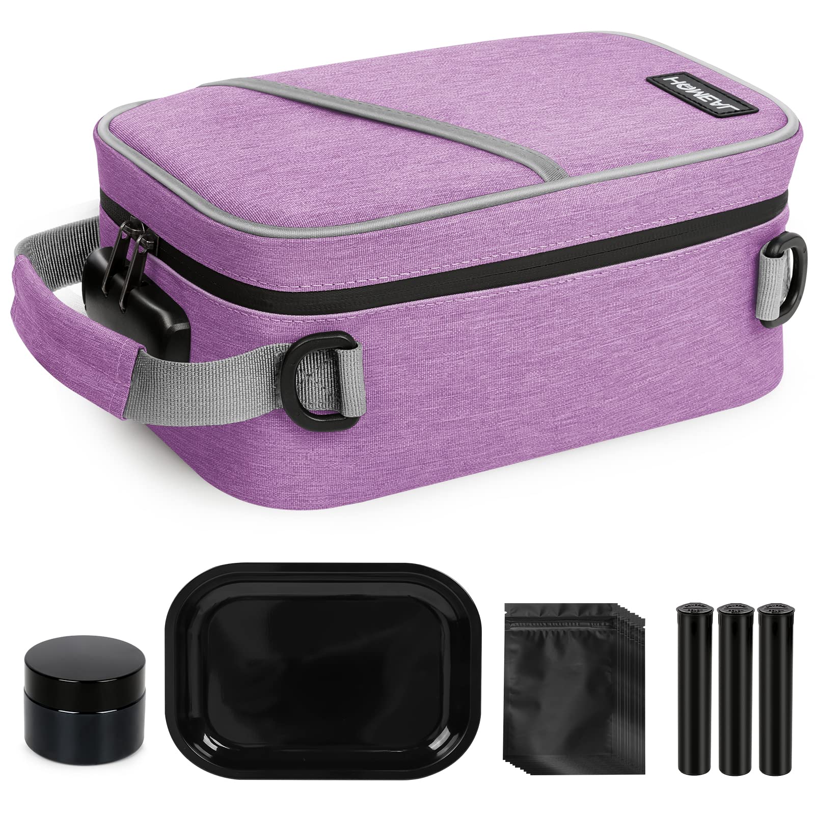 HOMEALSmell Proof Bag, Purple, 10 x 7 x 4.5 inches, 3 Compartments, Zipper Closure, Web Handle, Unisex, Polyester, Stash Box