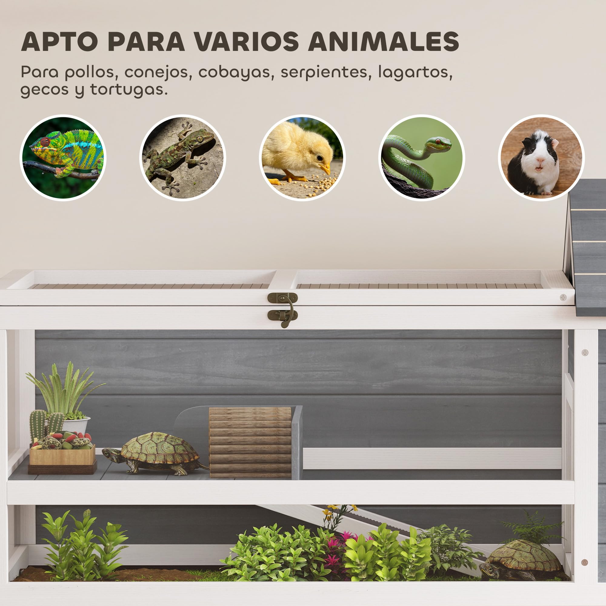 PawHut Casa para Tortugas de Madera, Terrario para Reptiles con Soporte para Lámpara Ajustable, Techos Abatibles, Bandeja Extraíble, Estante de Almacenaje y Paneles Transparentes, Caseta para Tortugas