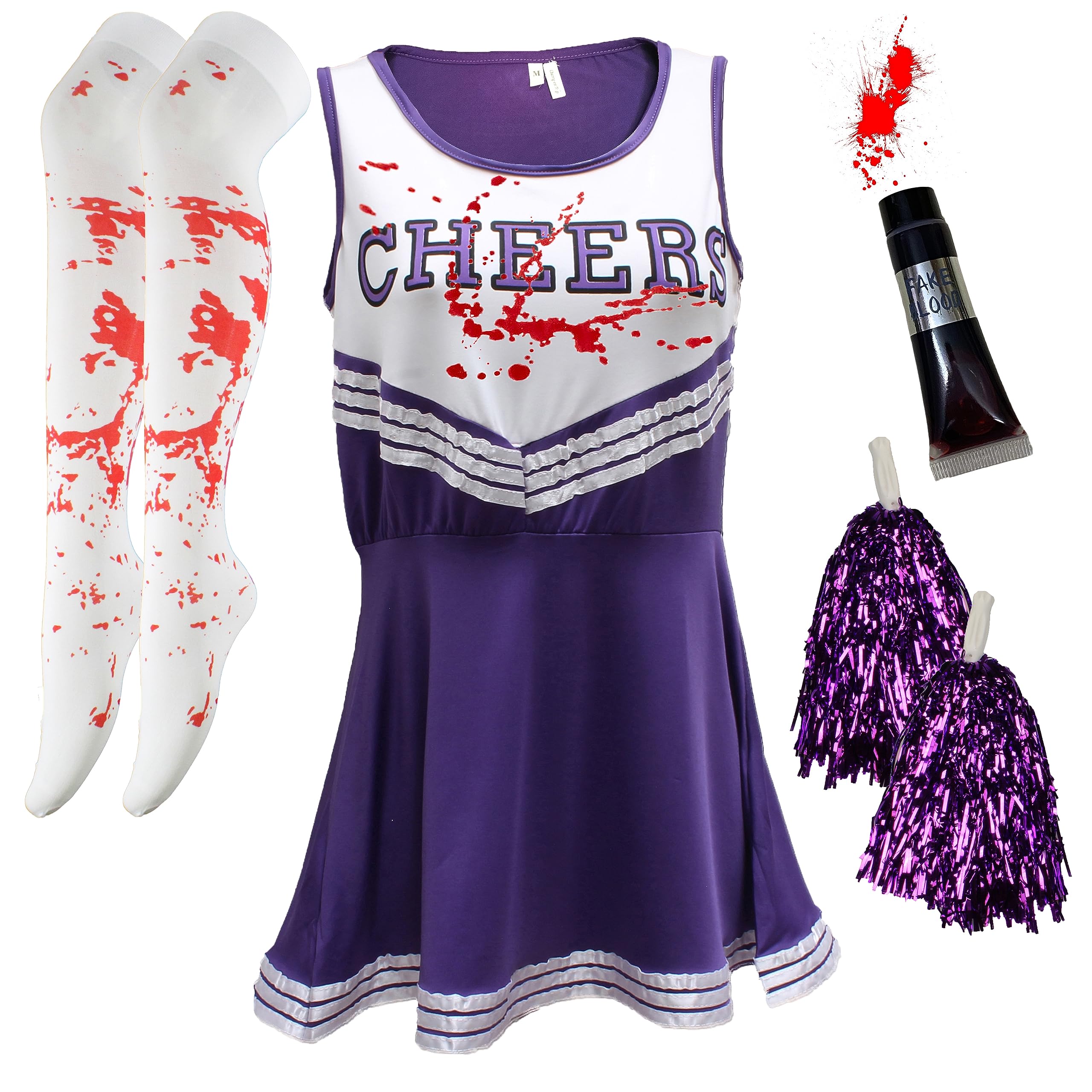 Zombie Cheerleader Halloween Costume for Women - Adult Dead Cheerleader with Blood Tube, Stocking, Purple Small