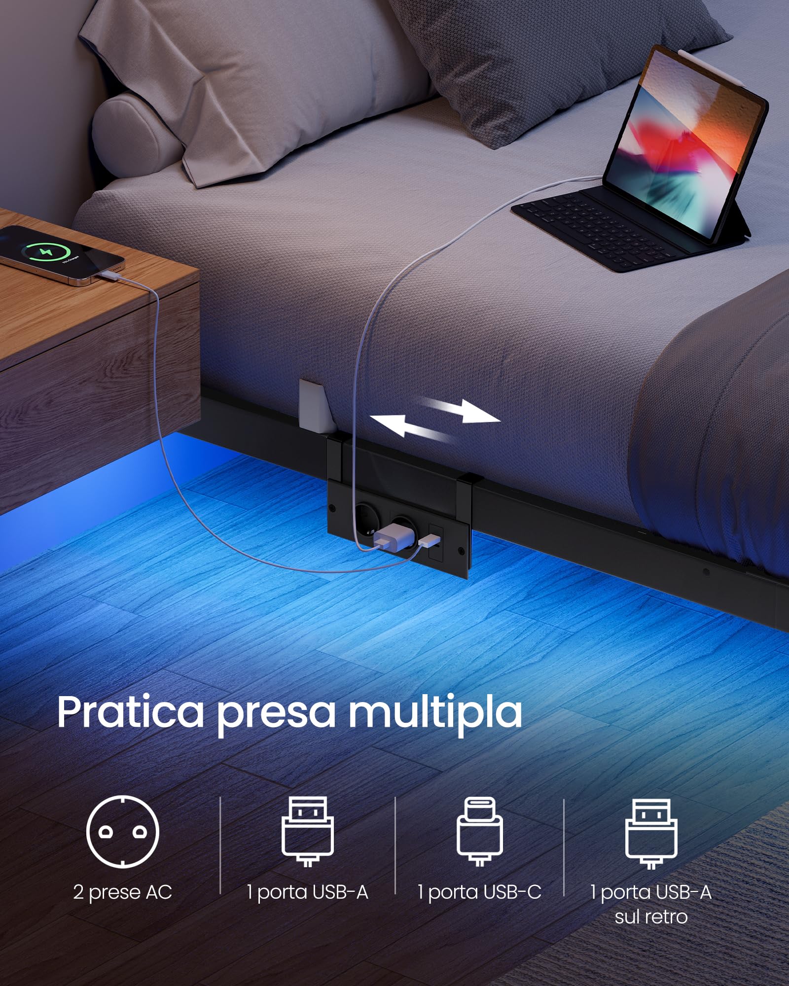 VASAGLE Struttura Letto 160 x 200 cm con LED, Effetto Fluttuante, Multipresa Rimovibile, 2 Prese AC, 1 Porta USB-C, 1 Porta USB-A, 1 Porta USB-A sul Retro, Portata 500 kg, Nero Inchiostro RMB175B101