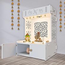 Designer Intricate Jali Design Pattern Floor Temple with Spacious Wooden Shelf & Inbuilt Focus Light- White Finish| Perfect for Office and Home Size-18D*22W*38H inch