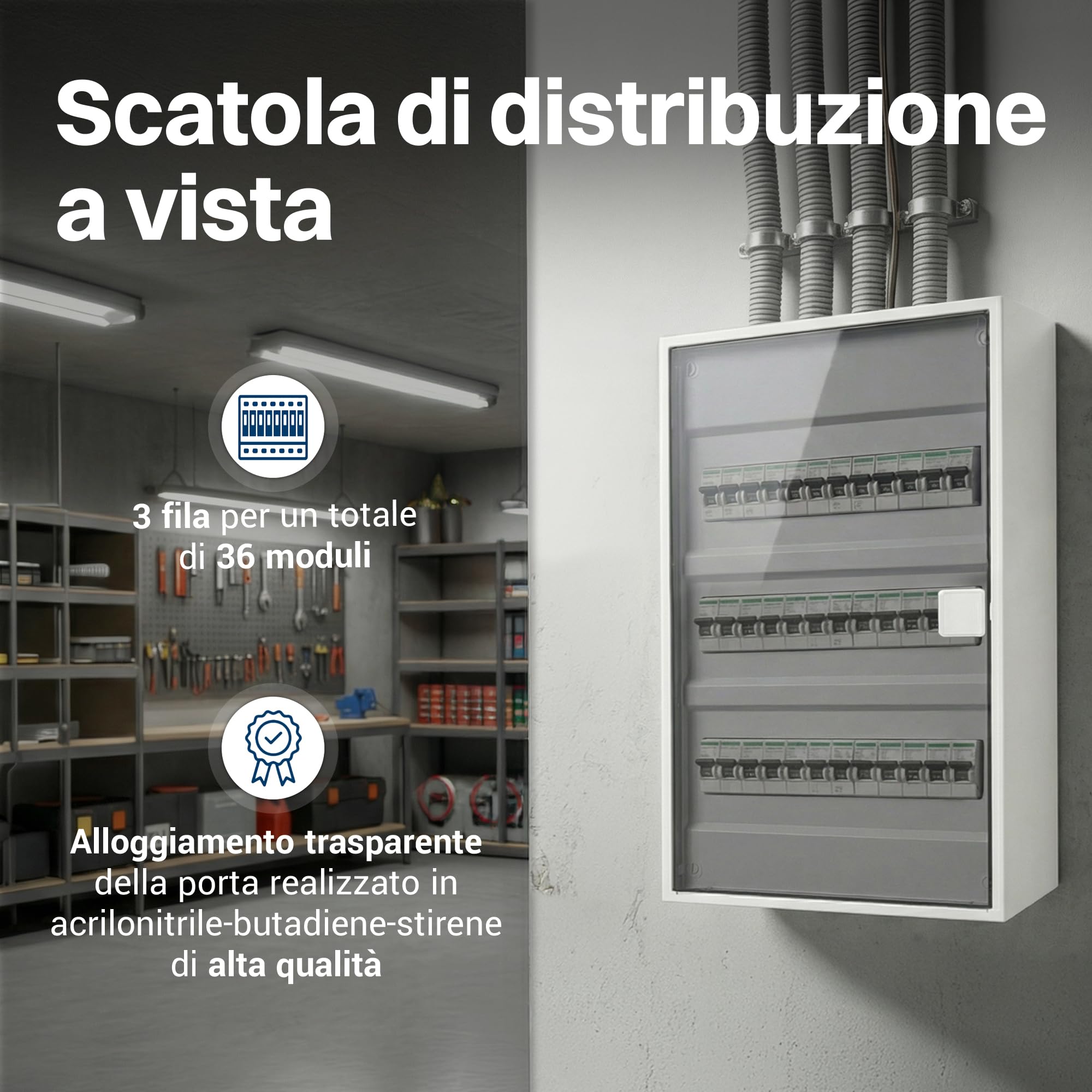 Intratec ALPHA Centralino elettrico da parete 3 file – Quadro di distribuzione per 36 moduli con porta trasparente – Contenitore su guida DIN per casa e uso professionale – 498 x 310 x 96 mm