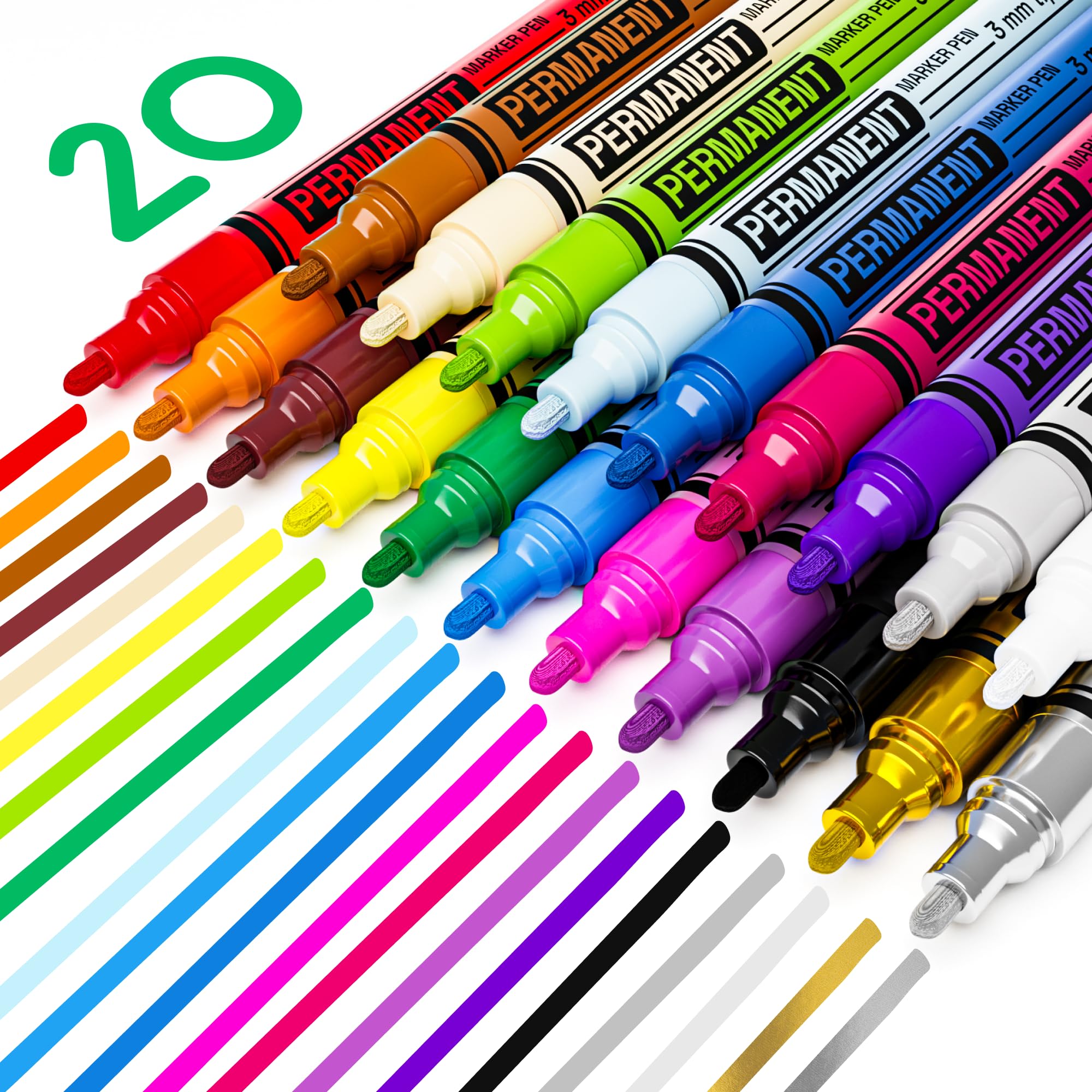 ARTISTRO 20 Oil-Based Permanent Paint Markers - Medium Tip Markers for Tire, Wood, Rock, Fabric, Glass, Ceramic, Metal, Plastic, and More - Quick Dry, Waterproof
