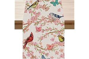 Bardinal Bird Pink Flowers Peach Blossom Butterfly Spring Table Runner