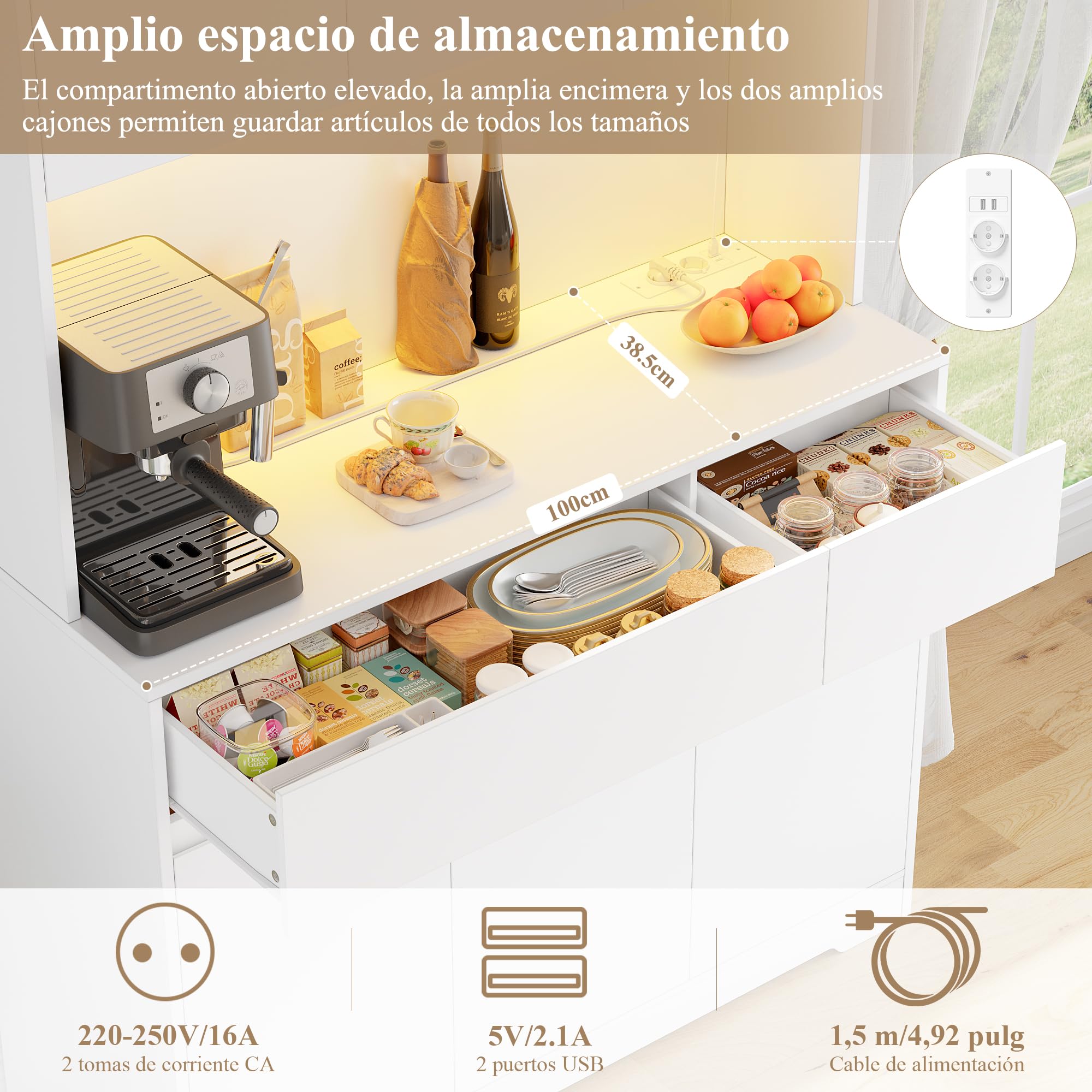 FirFurd Alacena Cocina Grande, Muebles de Cocina, Armario Cocinas Almacenaje, Mueble Almacenaje con Iluminacion LED, Regleta, Encimera para Microondas, 2 Cajones, 6 Puertas, Blanco 100x38.5x180cm