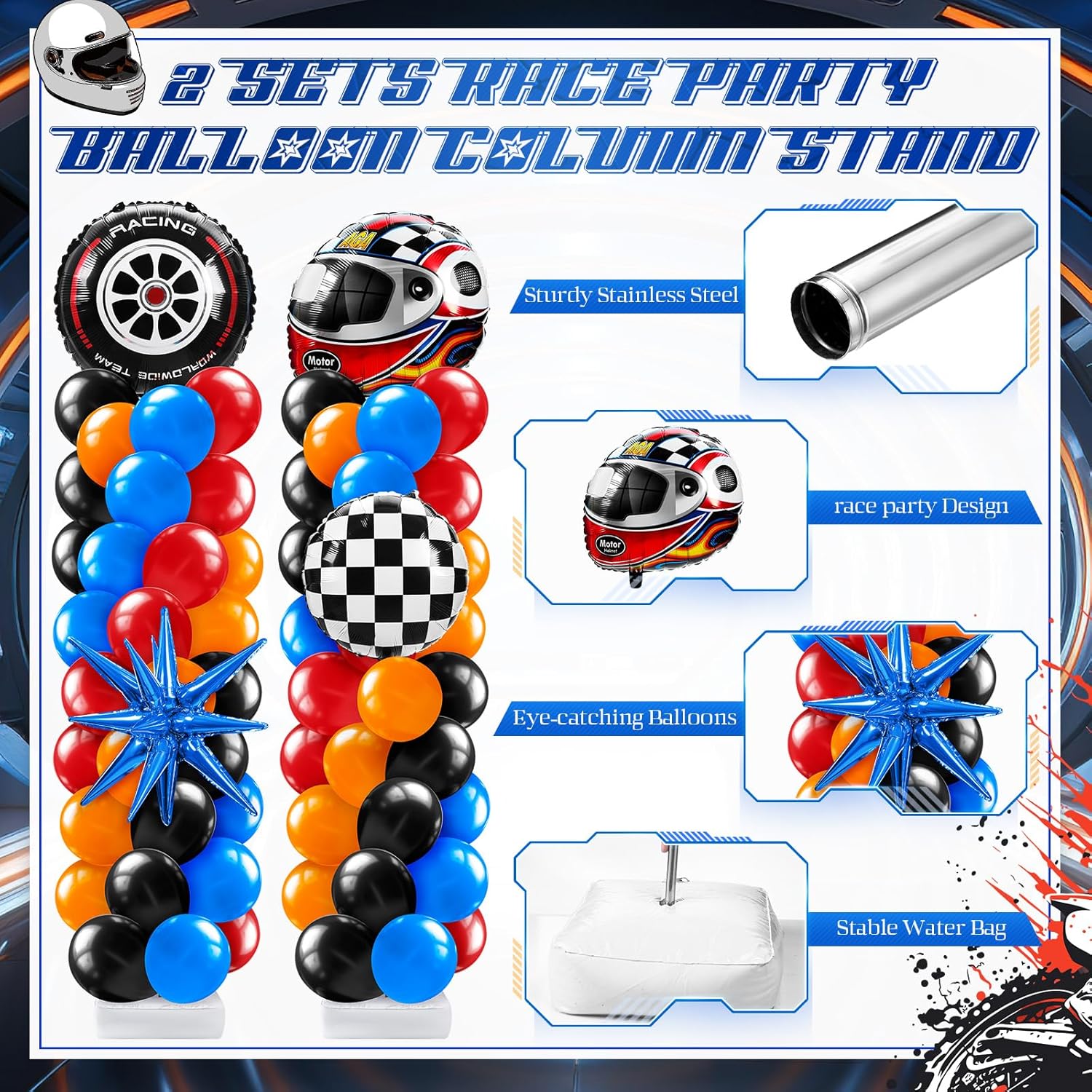 Kasyat 2 Sets Hot Car Balloon Column Stand Kit with Star Race Tire Wheels Helmets Checked Foil Balloons Race Car Arch Garland Kit for Floor for Racing Themed Birthday Party Decorations