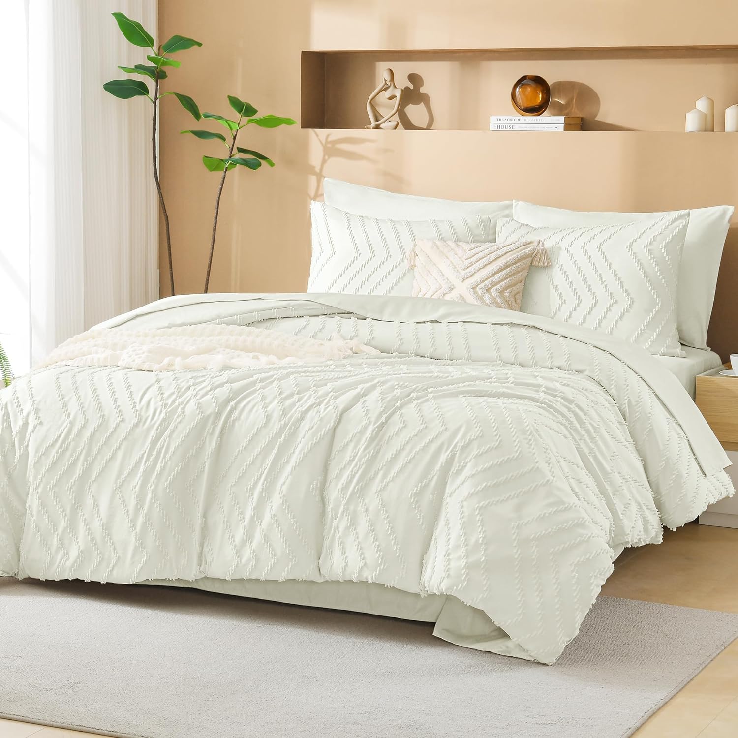 Litanika Ivory California King Size Comforter Set with Sheets - 7 Pieces Bed in a Bag California King Boho Tufted Complete Bedding Sets with Comforter, Sheets, Pillowcases & Shams Cream California King (104"x96")