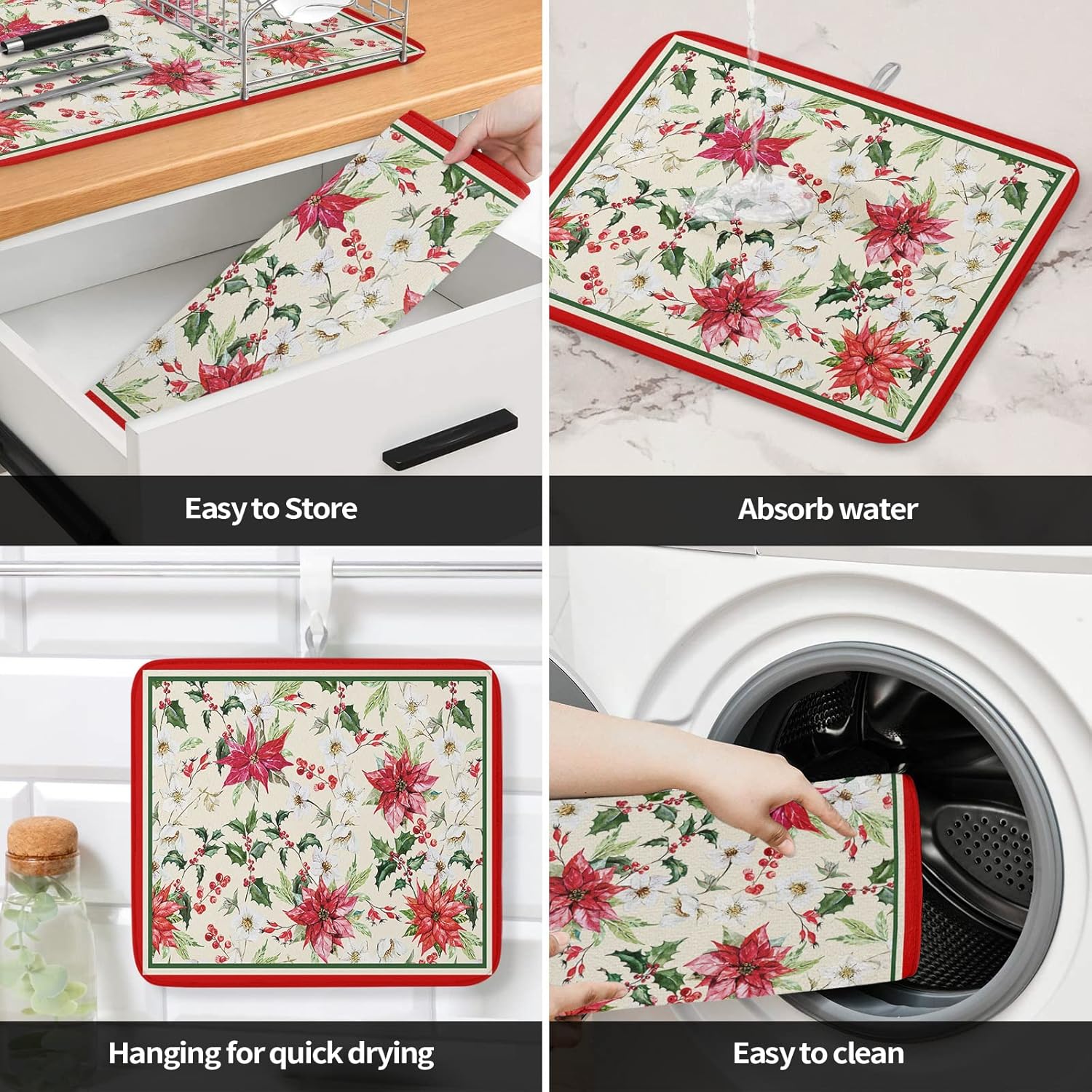 Christmas Bird Dish Drying Mat for Kitchen Counter, Poinsettia Black Red Plaid Absorbent Reversible Dish Drainer Rack Mats for Coffee Bar Mats 18''x24'' 2 PCS