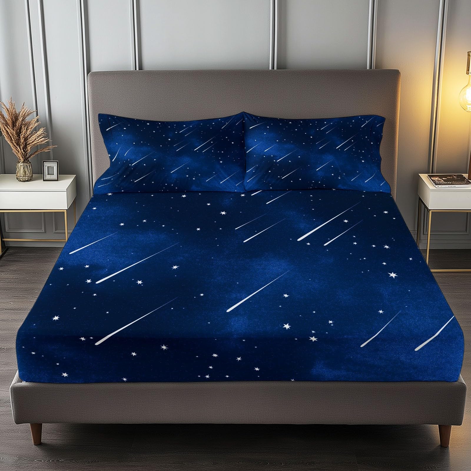 Pojedyncze prześcieradło z gumką, niebiańskie gwiazdy nocnego nieba, głęboka kieszeń, 30 cm, łatwe w pielęgnacji, oddychająca miękka tkanina, odporne na kurczenie się i blaknięcie, z 2 poszewkami na