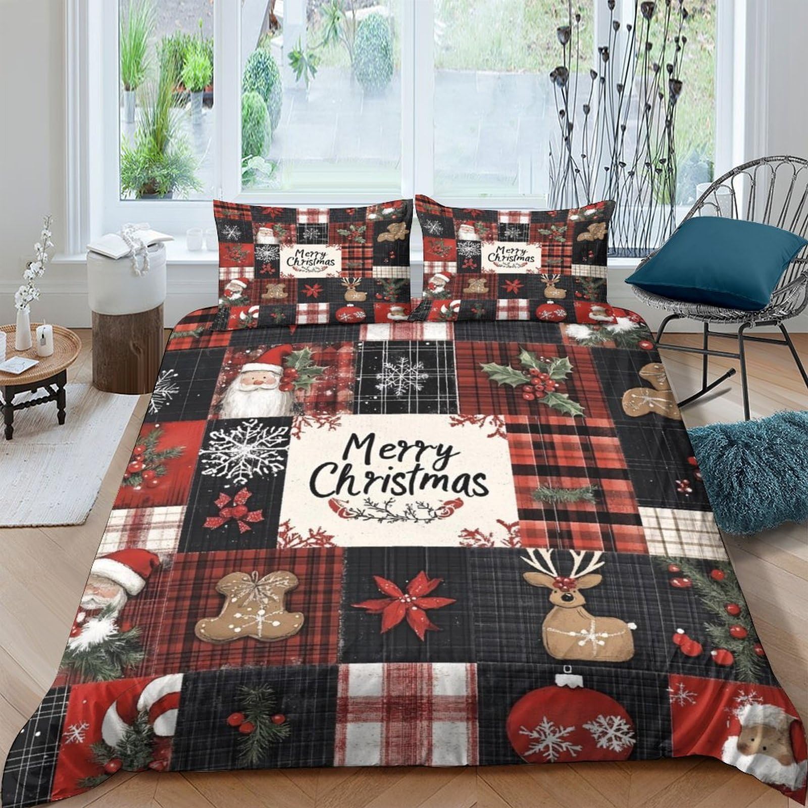 Ctjqhvkz Style-3 3D Printed Christmas Patchwork Fitted Sheet Microfiber Red Plaid Reindeer Bed Cover For Bedroom Guest Room Holiday Decor Single（135X200cm）