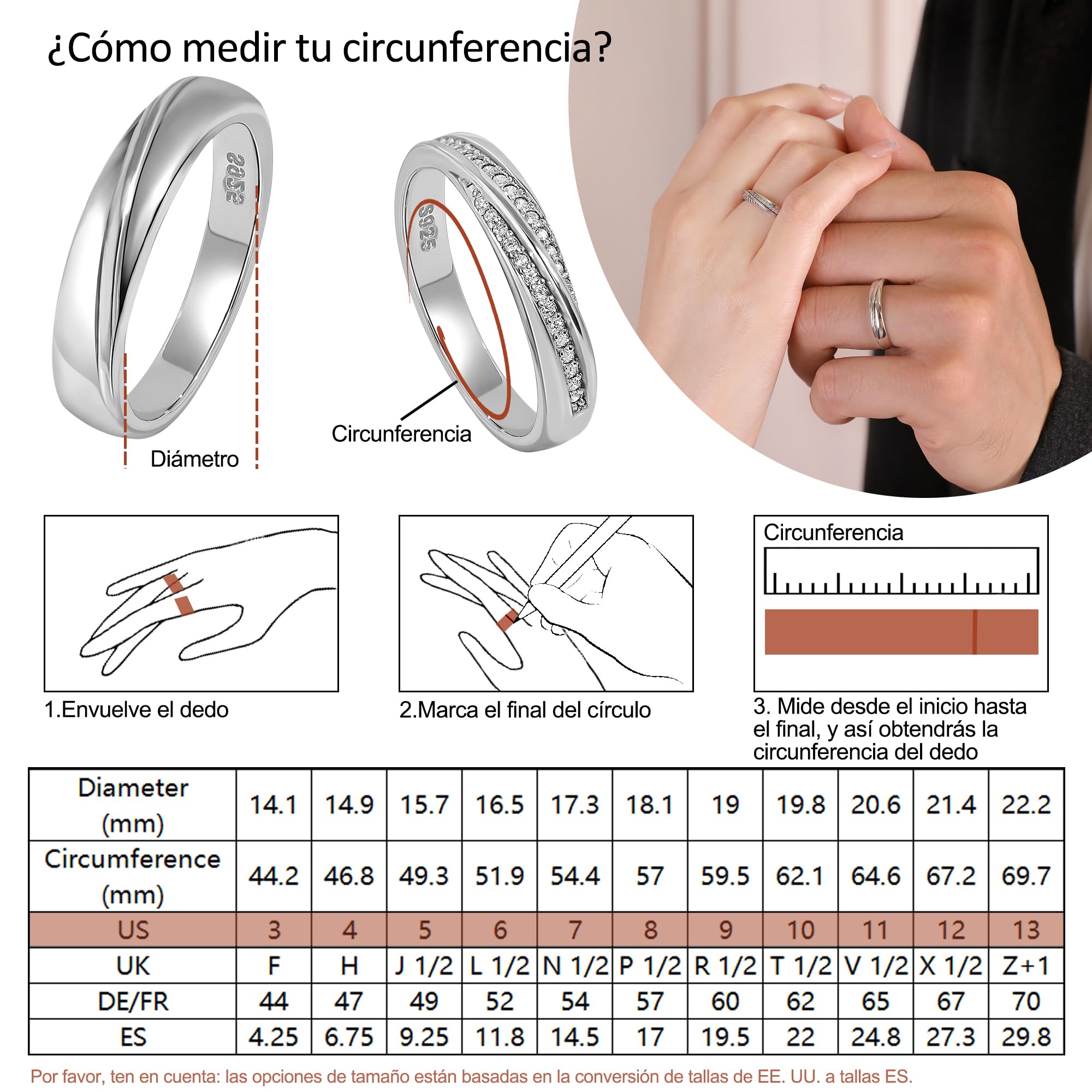 Meissa Anillo de pareja plata 925 Anillo de compromiso Anillos ajustables Joyería de boda hecha a mano Anillos de banda tamaño 4-21,25 (Grabado)