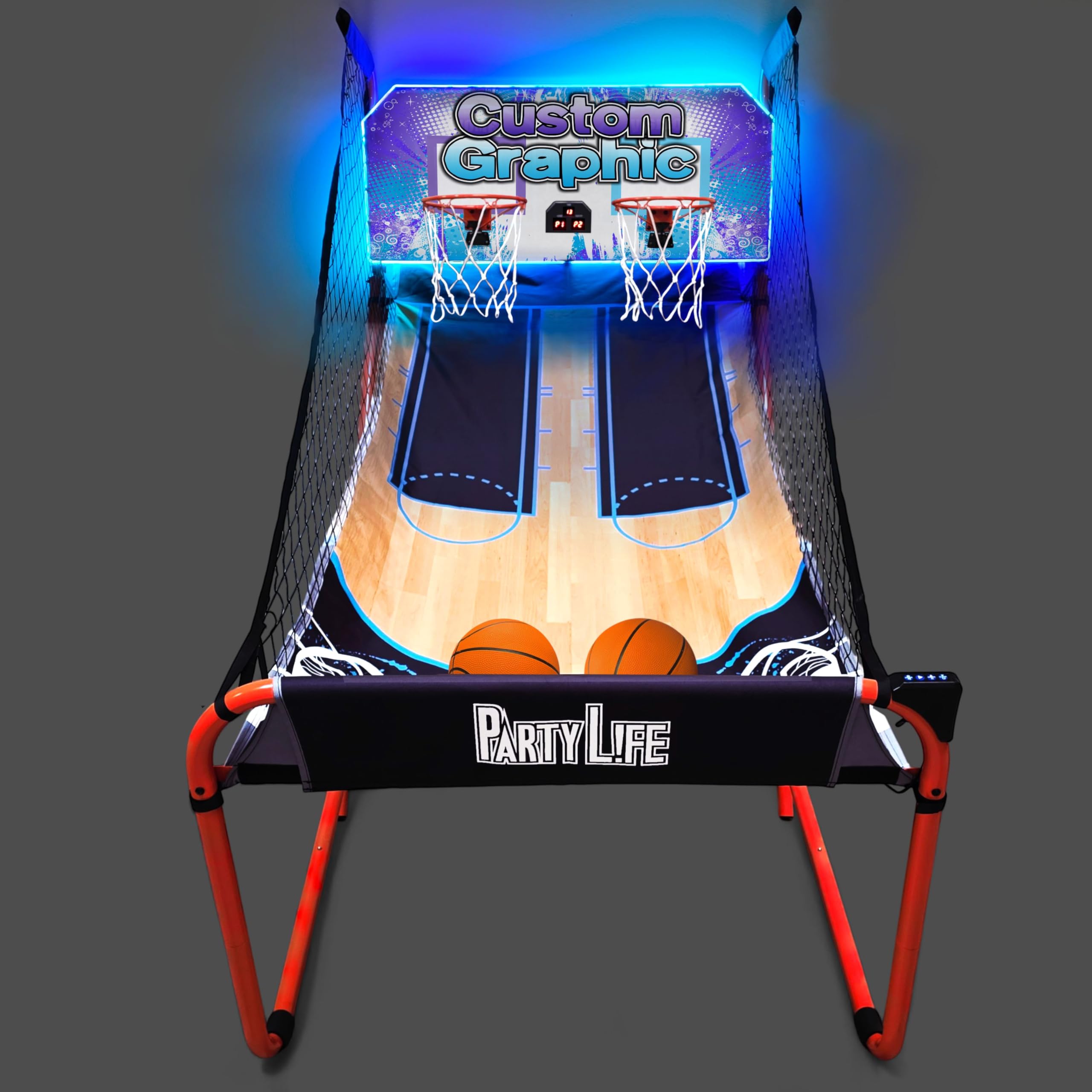 PartyLife 2-Player Basketball Arcade Game w/LED Lights | Electronic Scoring | 5 Balls, 1 Pump, 8 Games | Folding Design | Heavy-Duty Steel Frame
