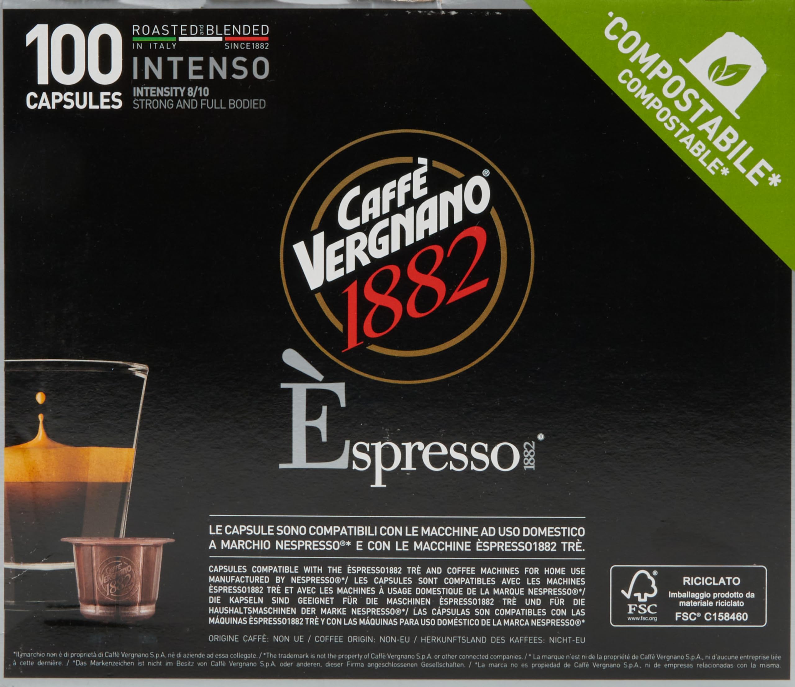Caffè Vergnano 1882-100 Capsule - Caffè Compostabili e Compatibili con Nespresso, Intenso - Pack da 100 capsule (Confezione da 2)