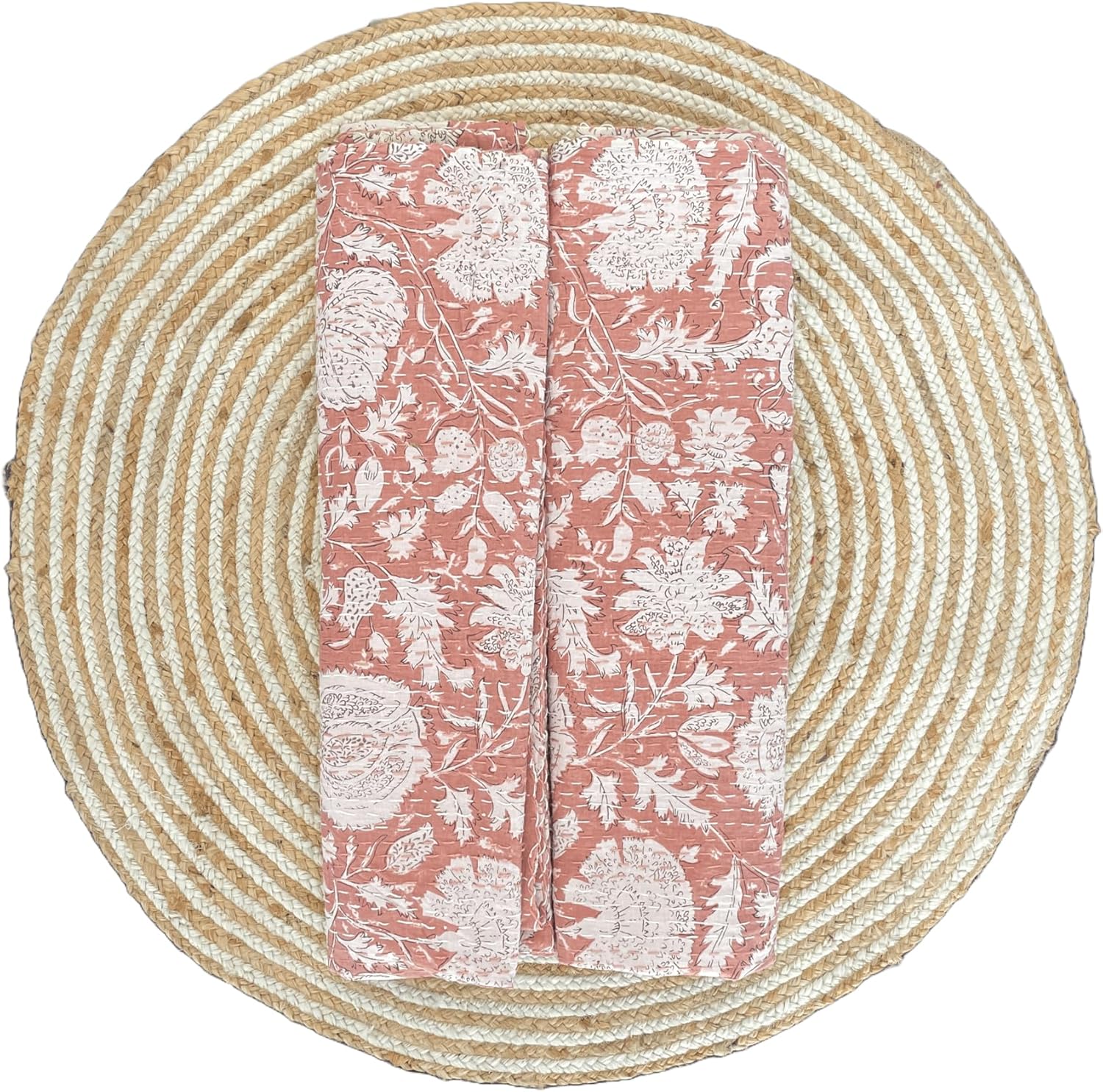 Indian Handblock Kantha Floral Printed Handmade Quilted Blanket Vintage Home Decorative KanthaThrow Blanket Kantha Bedcover Queen/King/CaliforiniaKing (Peach, Queen/King 90X108 inches)