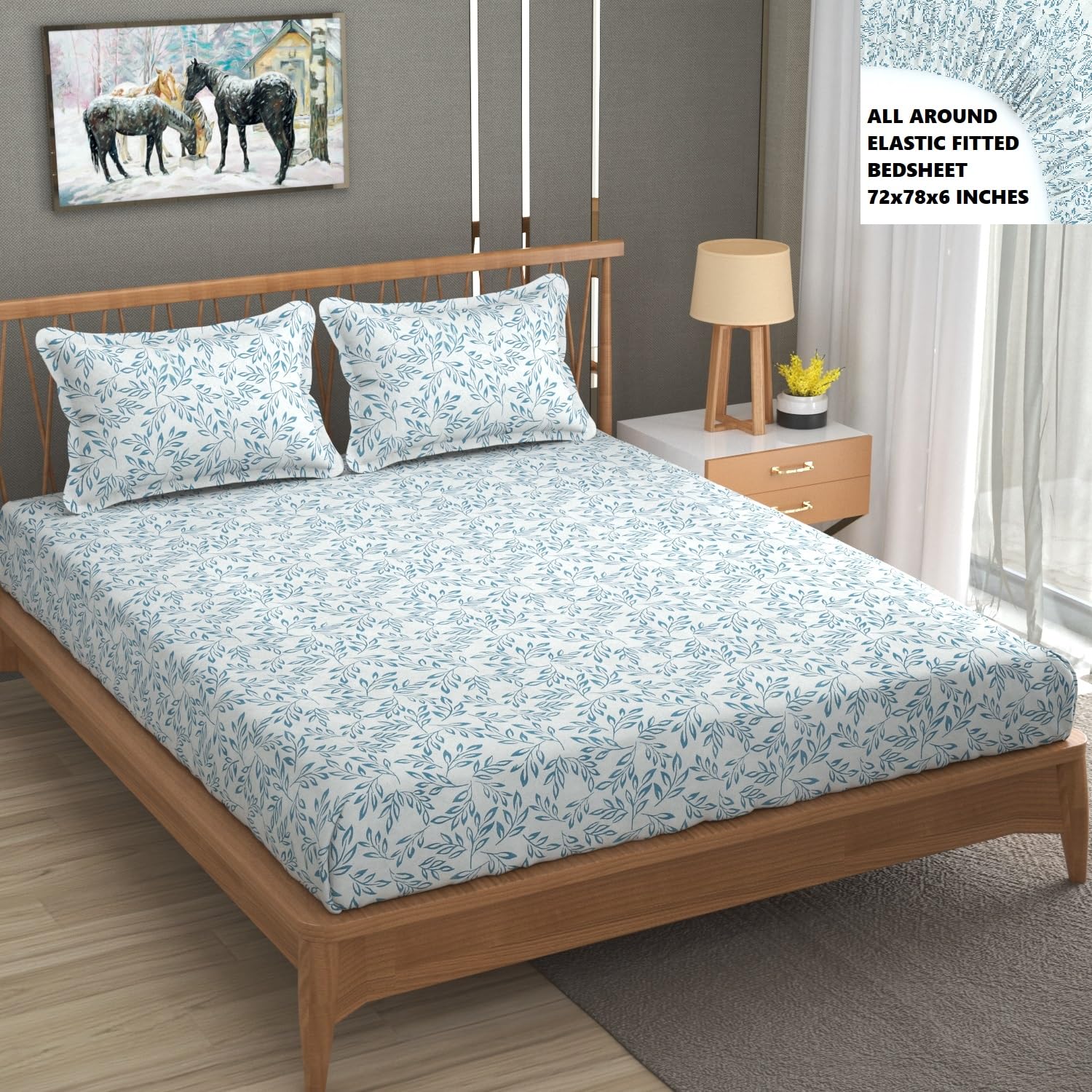 Belvostum Homes 360* Degree Cotton Fitted Double Bedsheet with Two Pillow Cover with Stunning Vibrant Prints (72x78x6) inches (Blue)-image-1