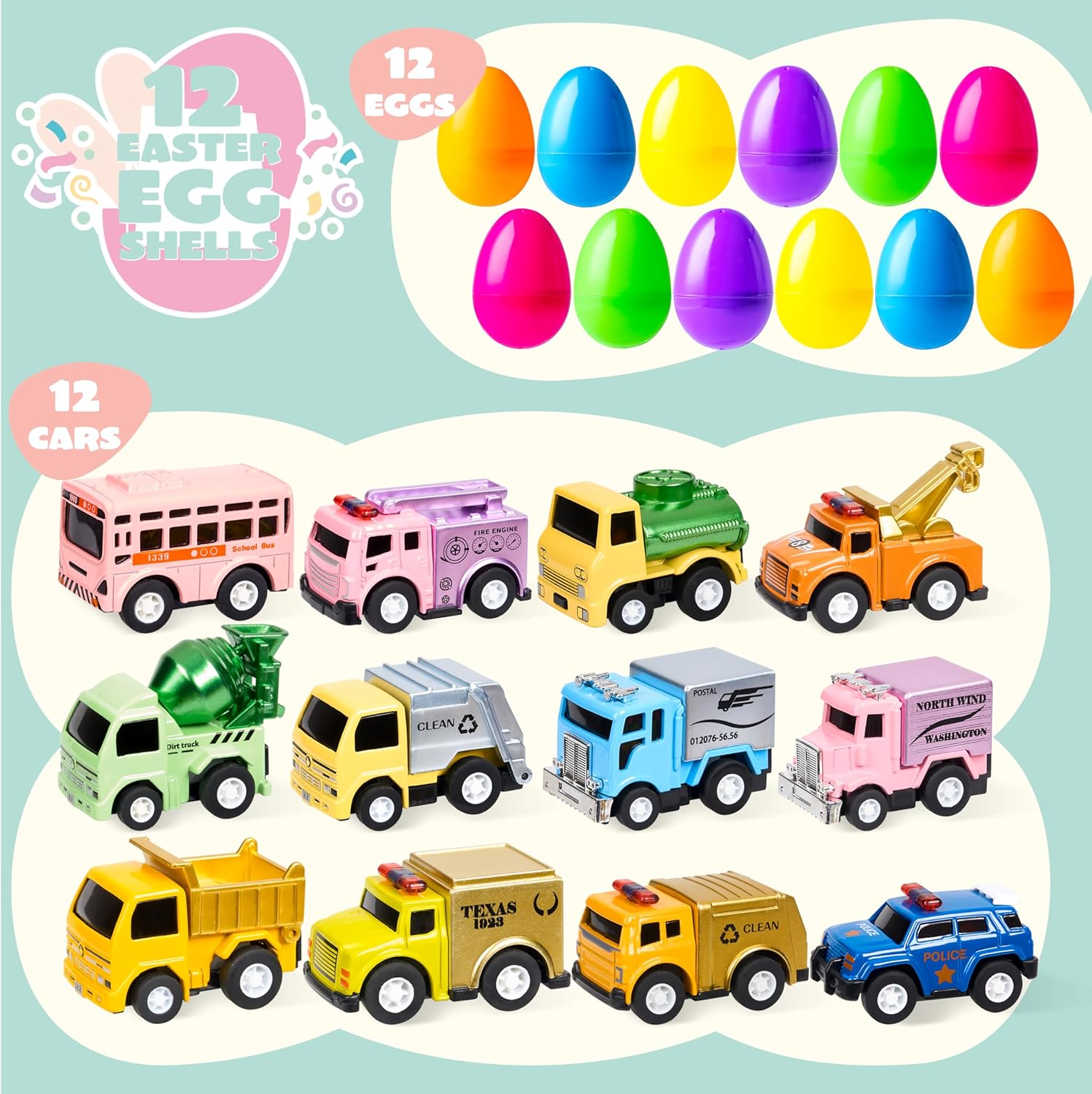 JOYIN 12 Pcs Easter Eggs Filled with Toy Cars, Colorful Stuffed Eggs with Pull Back Die-Cast Cars for Easter Hunt Game, Kids Basket Stuffer, Party Favor, Classroom Prize