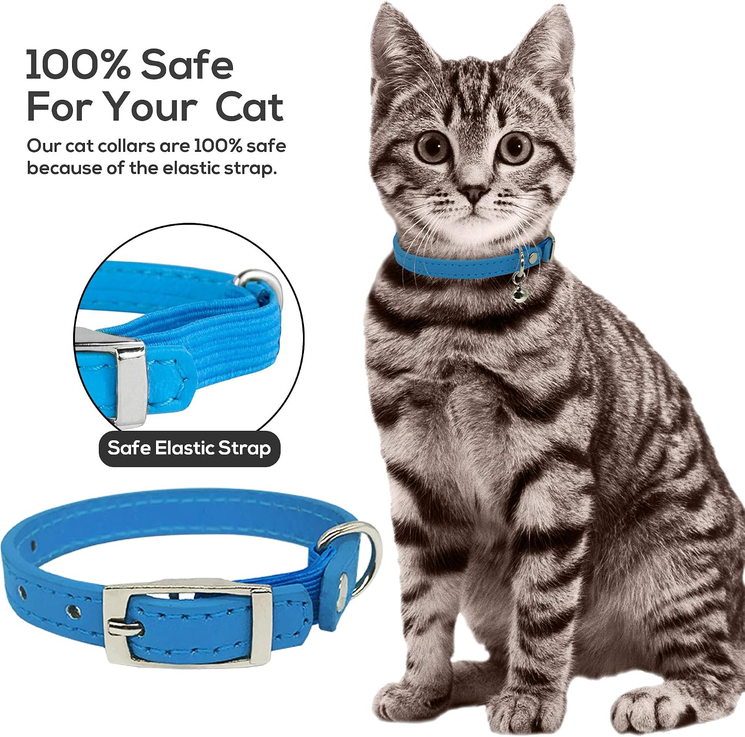 Leather Cat Collar, Cat Collar with Elastic Strap,Kitten Collar with Bells, Gift, Colors: Black, Orange, Green, Pink, Purple, Small Pets, Medium, Boy, Girl, Baby