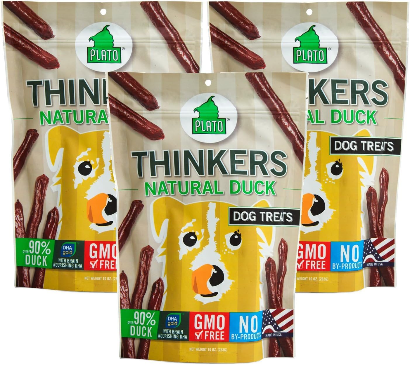 PLATO (3 Pack) Thinkers Duck Sticks Dog Treats - 10oz