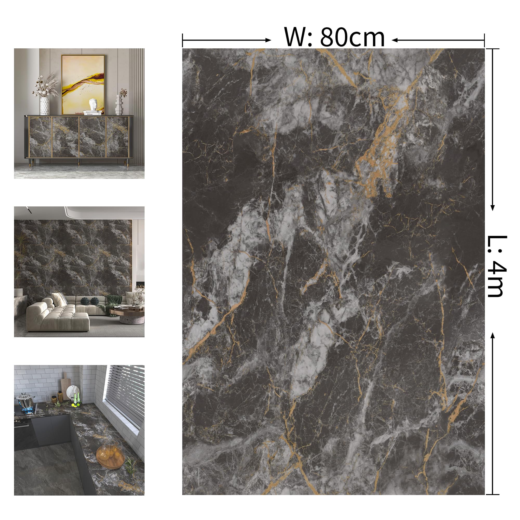 TOTIO 80x400CM Marmor Klebefolie Selbstklebend Hochglanz Schwarz Gold Glänzend für Küche Arbeitsplatte Möbel Wohnzimmer Tapete Schrankfolie Möbelfolie Schwarz Gold Marmor Folie Küche