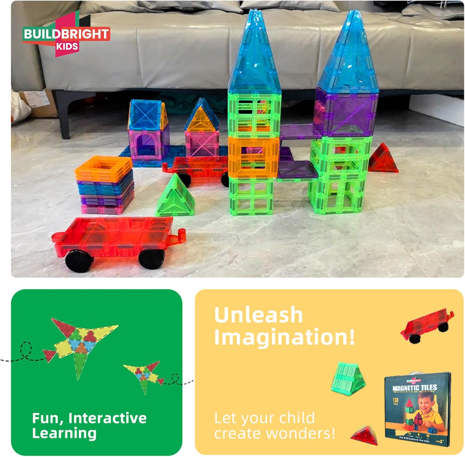 Magnetic Building Tiles 138 pcs with Storage Organizer & Play Mat – Montessori STEM Educational Construction Blocks, Creative Learning Toys for Kids - Image 4