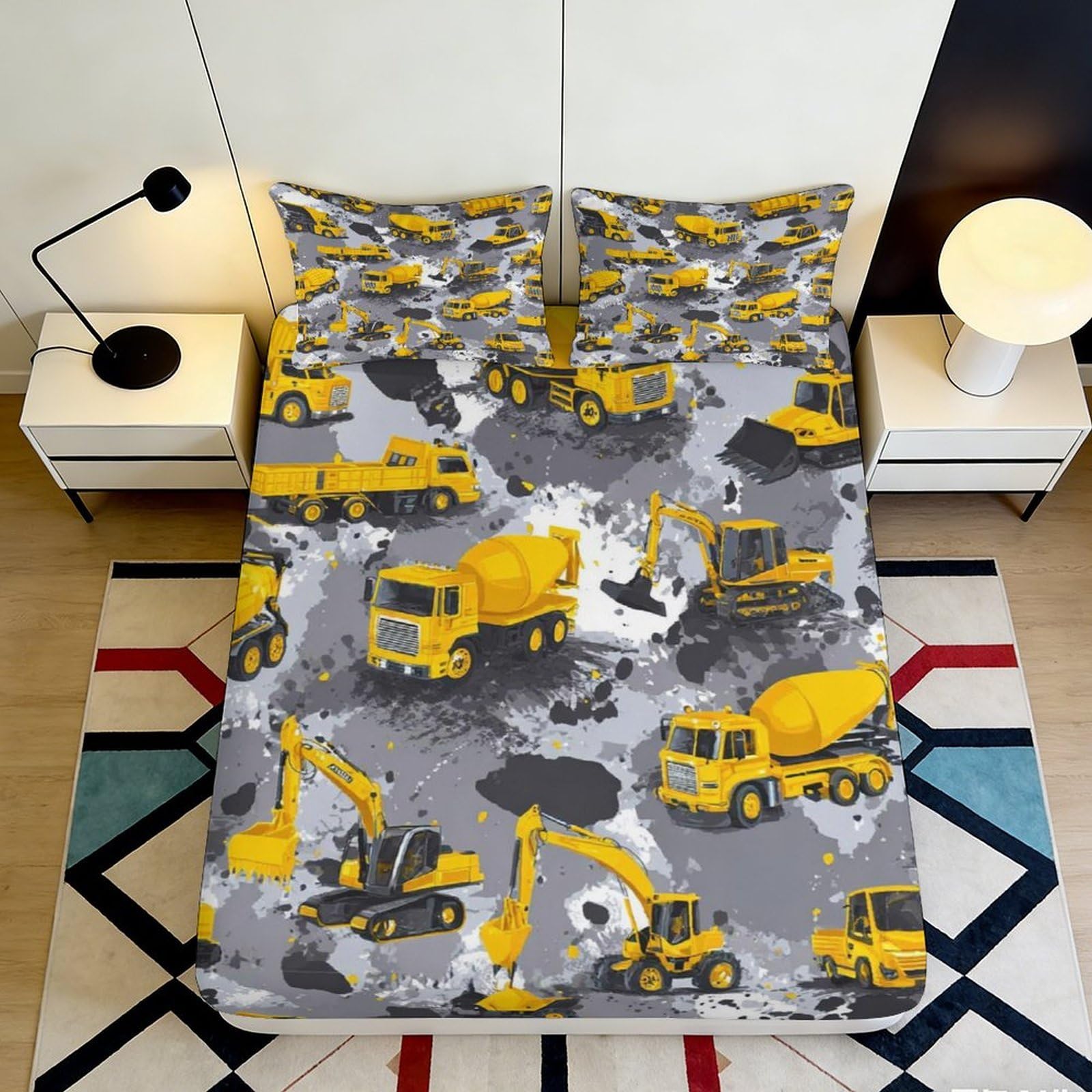 3D Printed Construction Vehicles Fitted Sheet Microfiber Yellow Excavator Trucks Bed Cover for Bedroom Dorm Easy Care 120x200x25cm