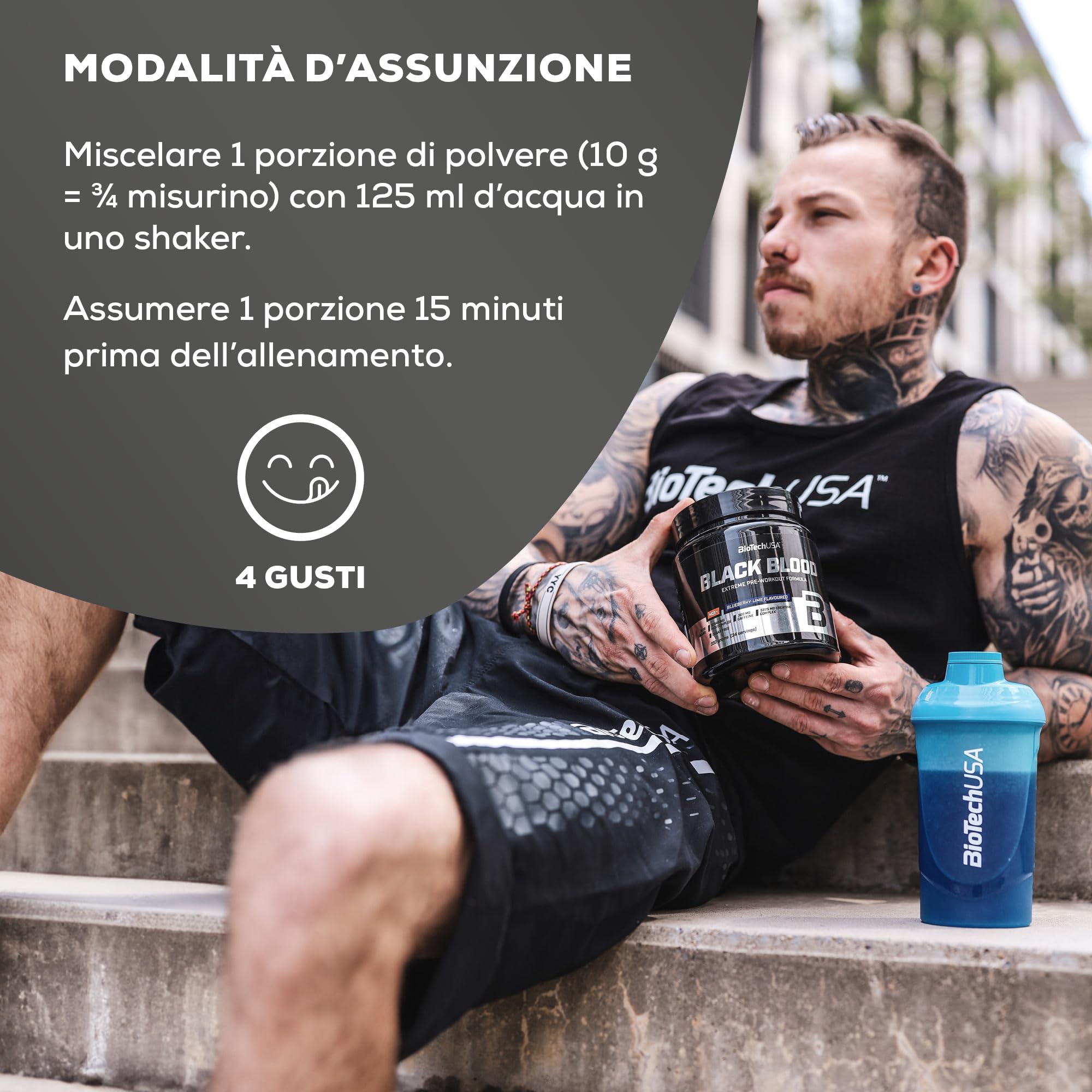 BioTechUSA Black Blood NOX+ | Formula Pre-Allenamento | con Caffeina, Creatina, Tirosina | Senza Zucchero | 340 g | Frutta tropicale