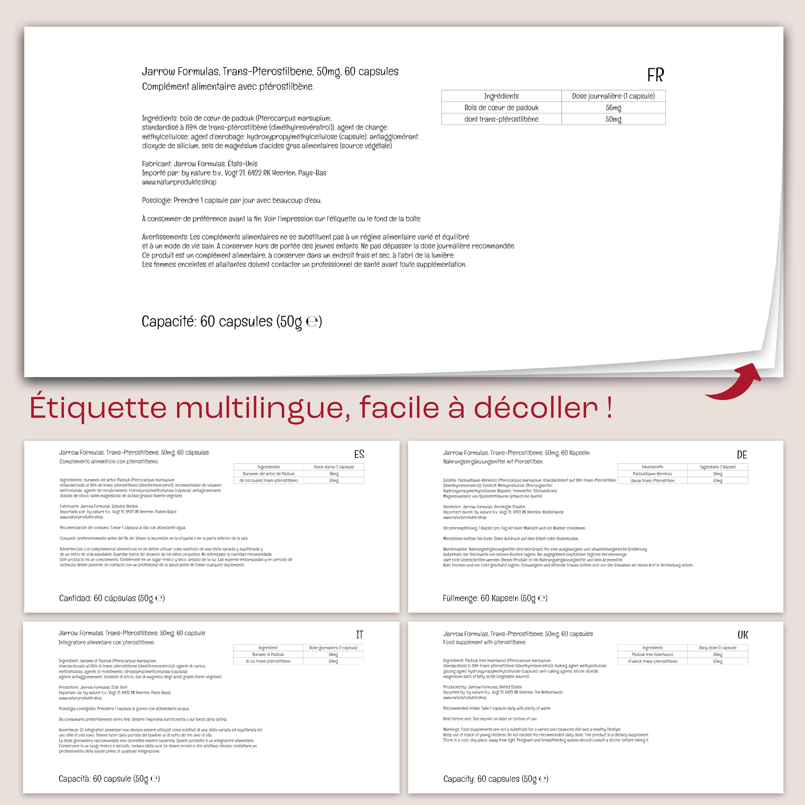 Jarrow Formulas, Trans-Pterostilbene, 50mg, 60 Capsules végétaliennes, Sans Soja, Sans Gluten, Végétarien, Sans OGM