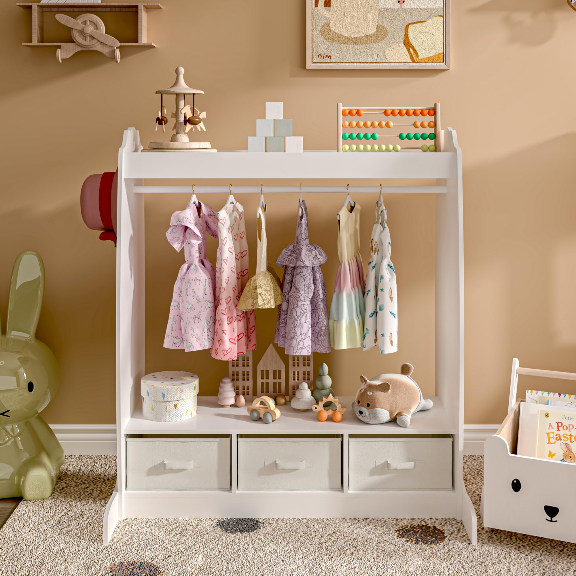 [en.casa] Perchero Burro Infantil Moskenes con 1 Barra Estante Superior 3 Cajas Plegables Extraíbles Armario para Ropa Clóset Dormitorio MDF Textil 107x95x61cm - Blanco