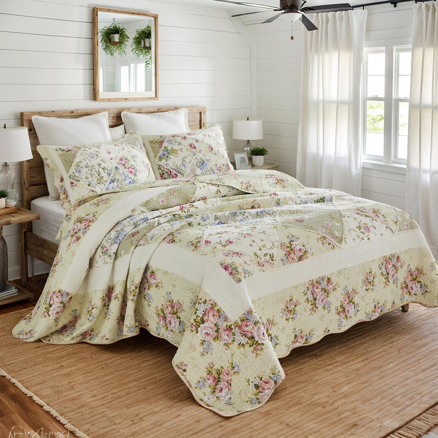 Brandream King Size Quilt Set Cotton Patchwork Quilts Country Rustic Rose Floral Coverlet Set 3-Piece - Image 2