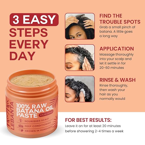 Lebanta Raw Batana Oil for Hair Growth - 100% Pure, Organic 4oz Batana from Honduras for Thick and Strong Natural Hair - Dr. Sebi Unrefined Cold Pressed Cosmetic Scalp Mask for Men & Women (3 Pack)