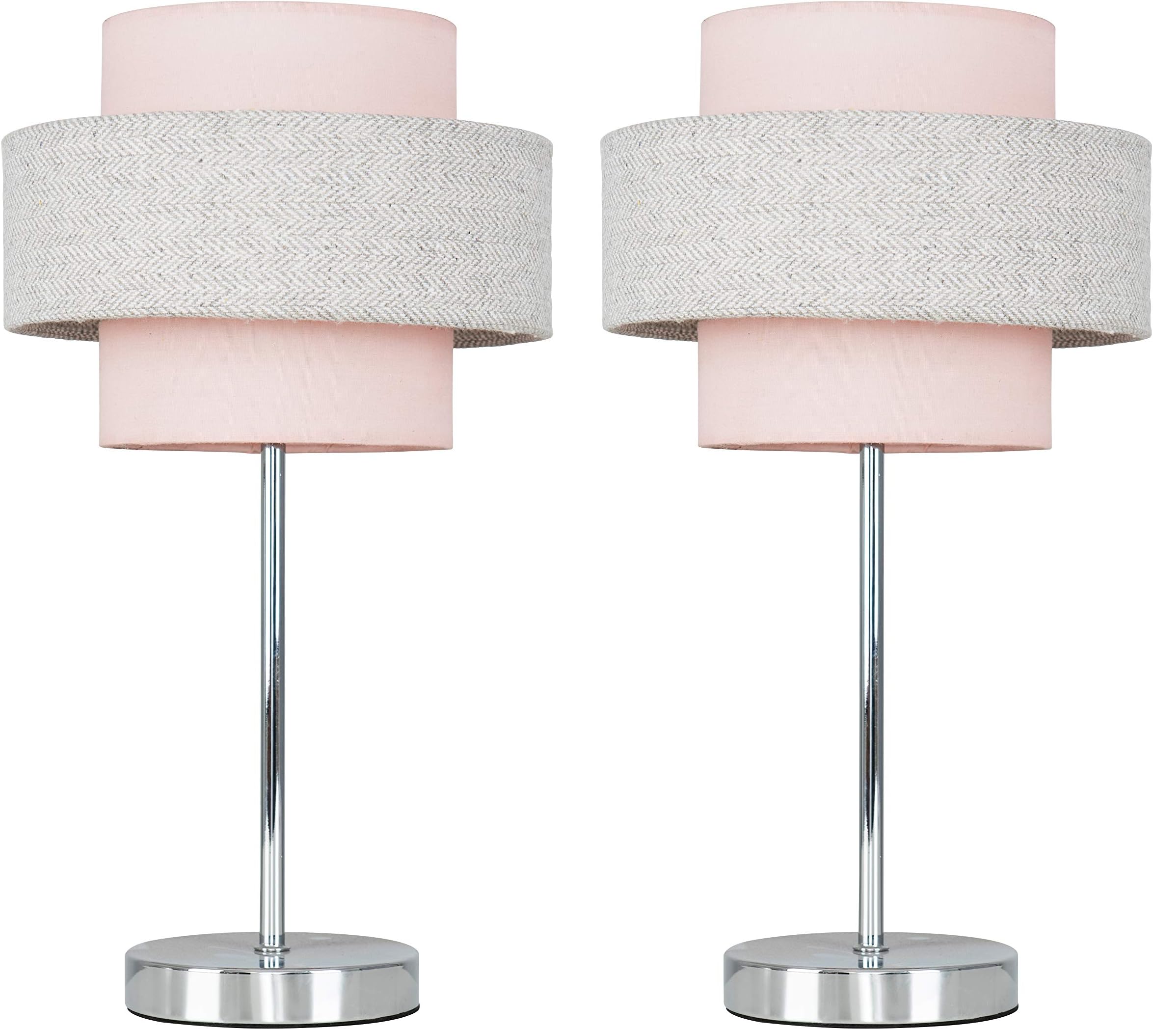 MiniSun | Modern Polished Chrome Touch Table Lamps with a Pink and Grey Herringbone Shade | Table Lamps, Home Dรฉcor & Improvement Essential | Set of 2