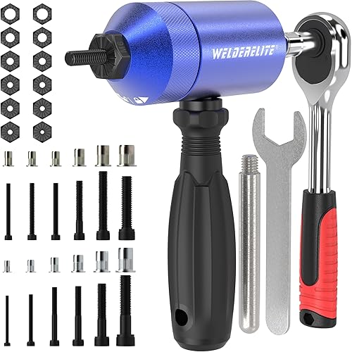 Kit adaptador de taladro de tuerca de remache - Modos de accionamiento dual: taladro/trinquete, con 270 tuercas y 36 mandriles (azul)