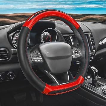 Flat Bottom Steering Wheel Cover for BMW Z4 G29 M Sport 2019 15 Inch, Steering Wheel Accessories, Anti-Slip, Breathable, Car Interior Accessories, Nappa Leather and PVC, D-Shape, Black & Red