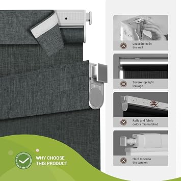 No Drill No Tools Blackout Roller Shades for Windows, Cordless Blinds with Linen Fabric-Matched, Custom Roller Blinds for Home Office Door, Black Grey, Custom Size