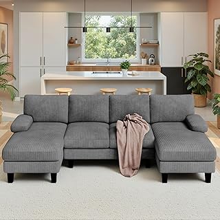 Xbro Canapé d'angle 4 Places en U avec 2 Chaise Longue Fixe, Grand Canapé 4 Places Rembourrage en éponge Haute Résilience, Tissu en Velours Côtelé Doux, 270 x 122 x 86 cm, Gris Foncé