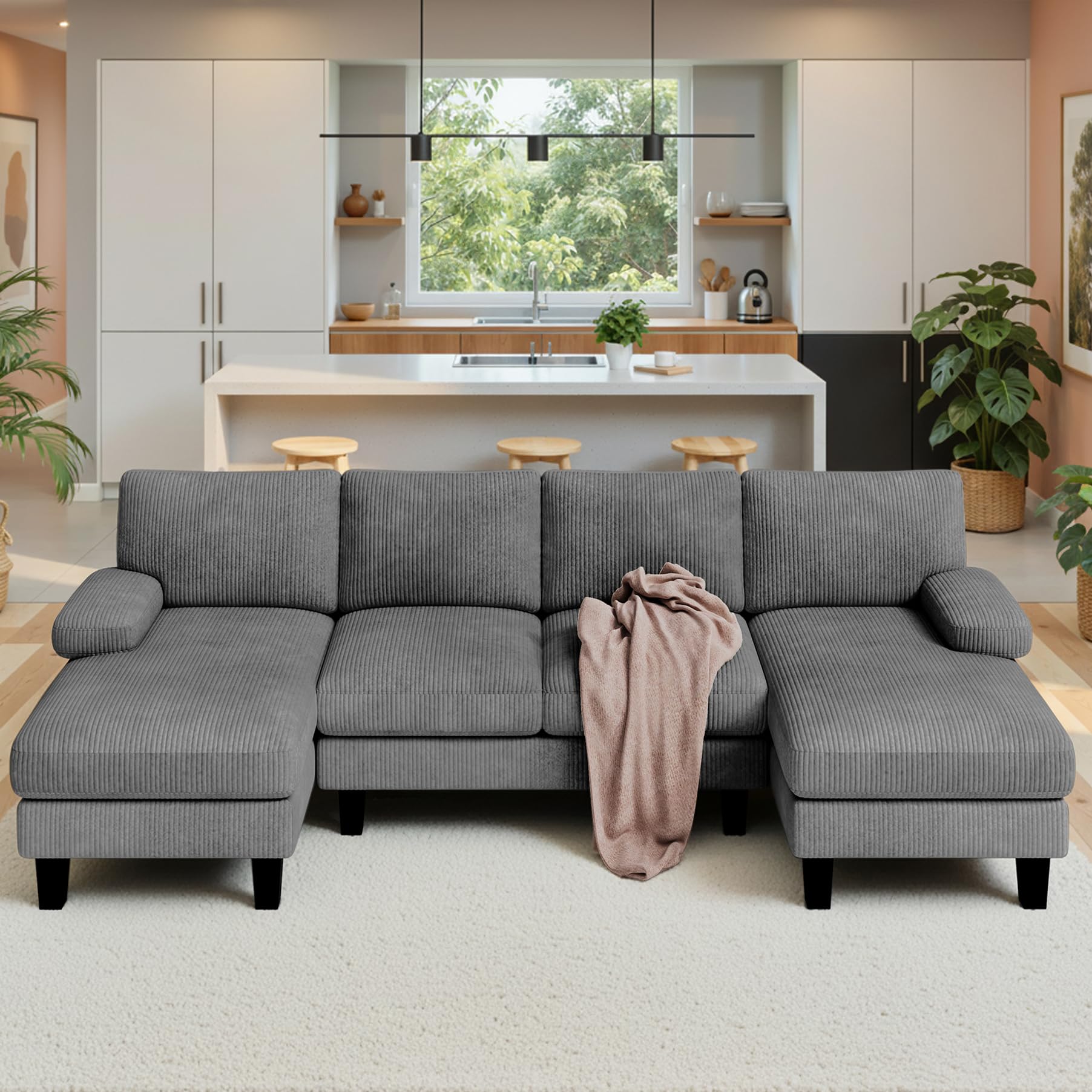 Xbro Sofa 4-osobowa w kształcie U, duża sofa rogowa do salonu, z materiałem sztruksowym, ciemnoszary, wymiary 270 x 122 x 86 cm