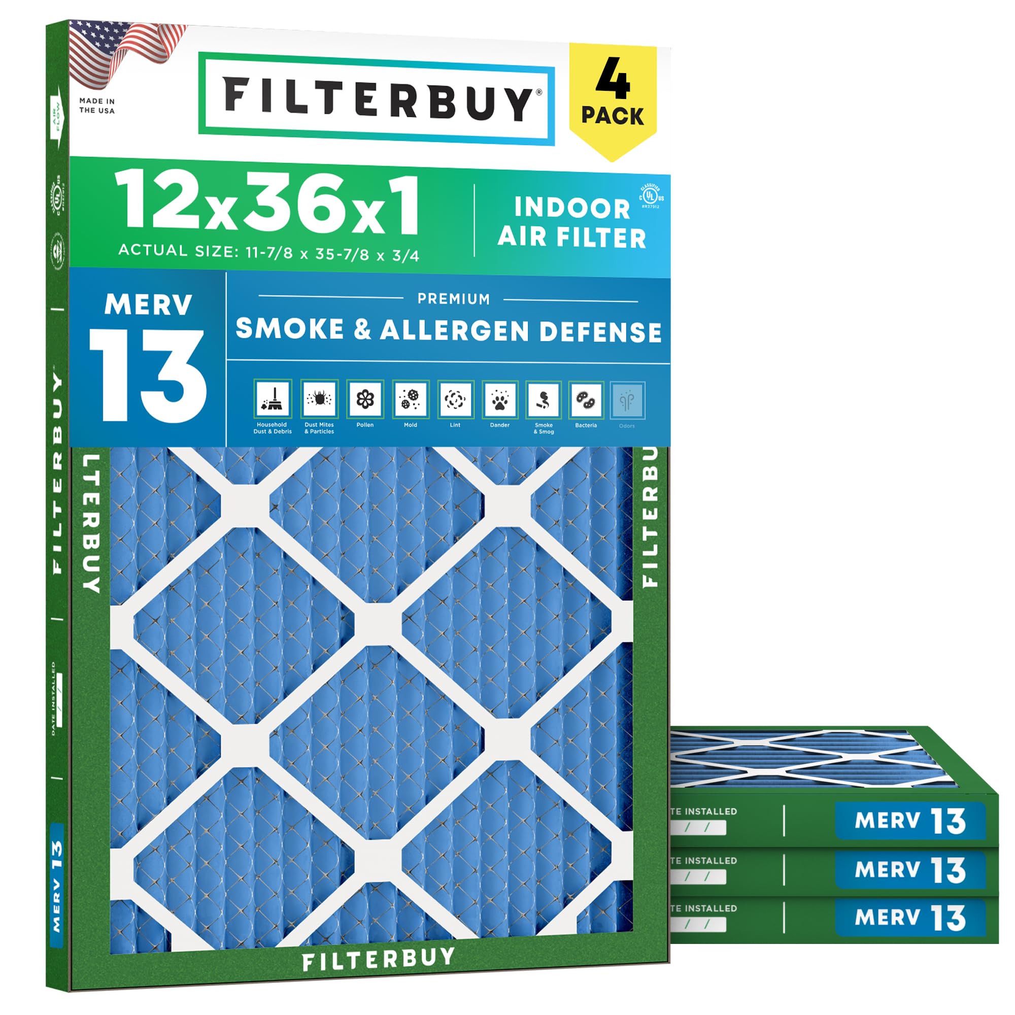 Filterbuy 12x36x1 Air Filter MERV 13 Smoke &amp; Allergy Defense (4-Pack)