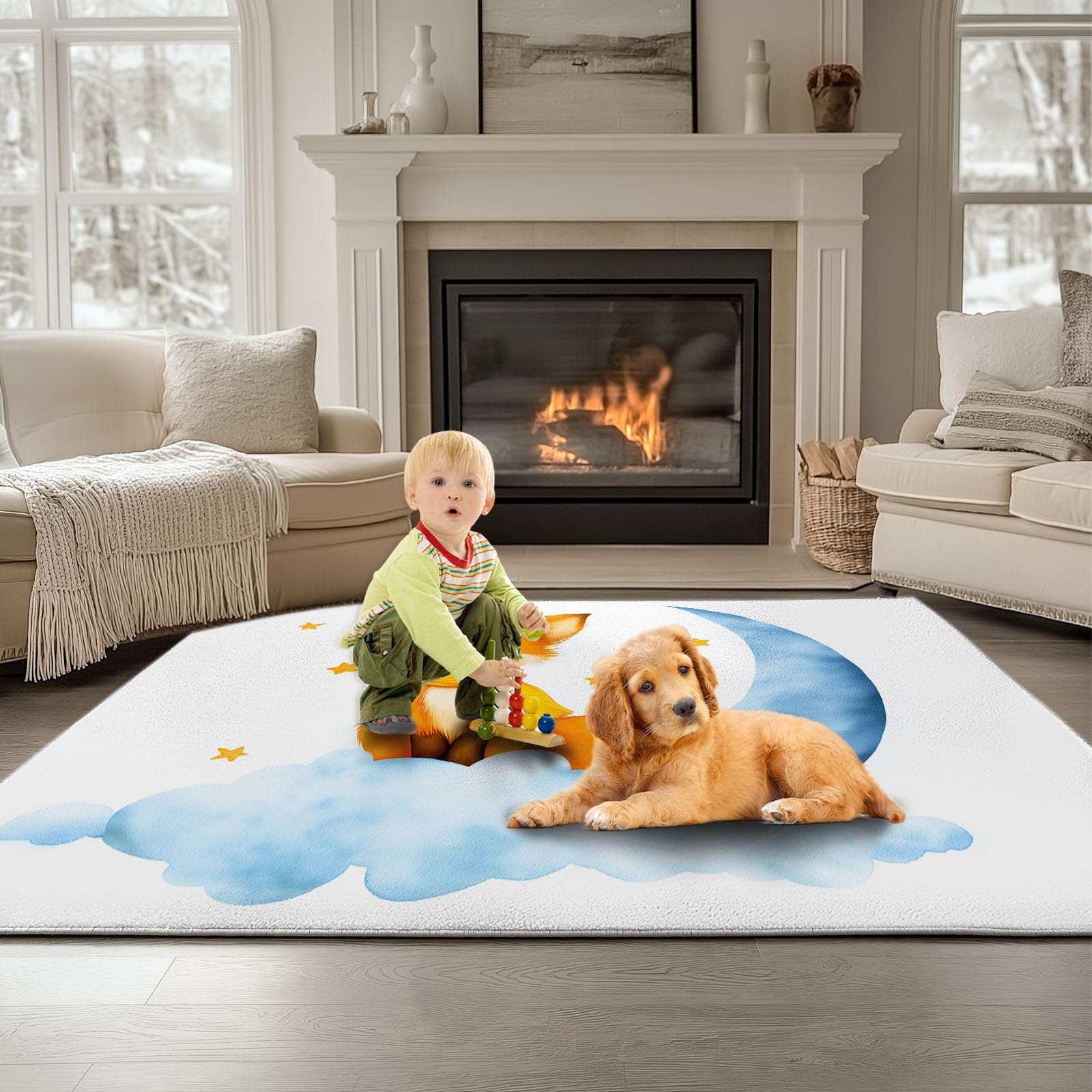 Genérico Dywan do salonu 140 x 200 cm dywaniki do sypialni antypoślizgowe akwarela obraz lis księżyc gwiazdy dywan nogi do sypialni beżowy dywaniki dekoracyjne do salonu
