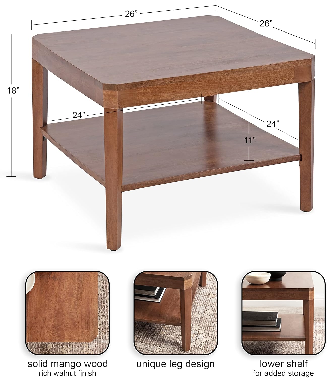 Kate and Laurel Talcott Modern Tiered Square Coffee Table, 26 x 26 x 18, Walnut Brown, Transitional Two-Tier Rectangular Living Room Table with Storage and Mango Wood Construction