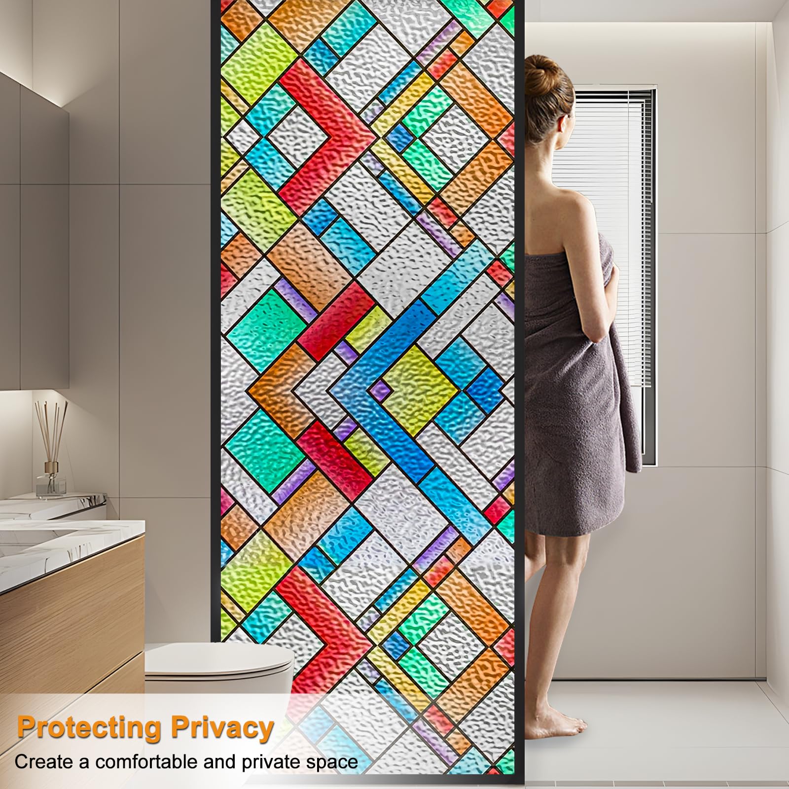 Countewol 3D-Fenster-Sichtschutzfolie, Buntglas-Fensterfolie, klebstofffrei, rückstandsfrei, wiederverwendbar und einfach mit Werkzeugen zu installieren (farbige Glasur, 44,5 x 499,8 cm)
