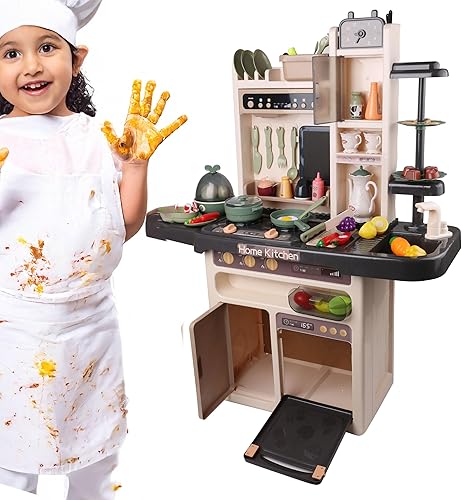 Miniatura 7 de Moderno juego de cocina para niños y niñas, con vapor, grifo de agua, música, luces y 65 accesorios, juego de cocina de simulación con tabla de