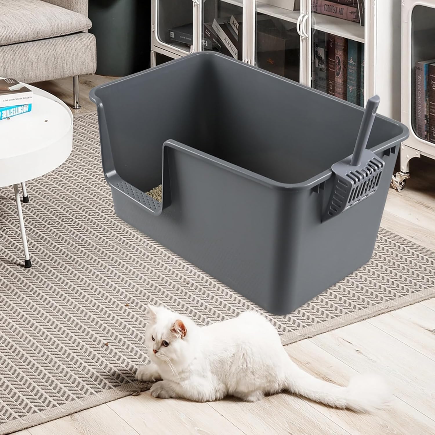 4-Pack Large Open High Sided Cat Litter Box, Anti-Splashing Kitty Litter Box with Scoop, Gray