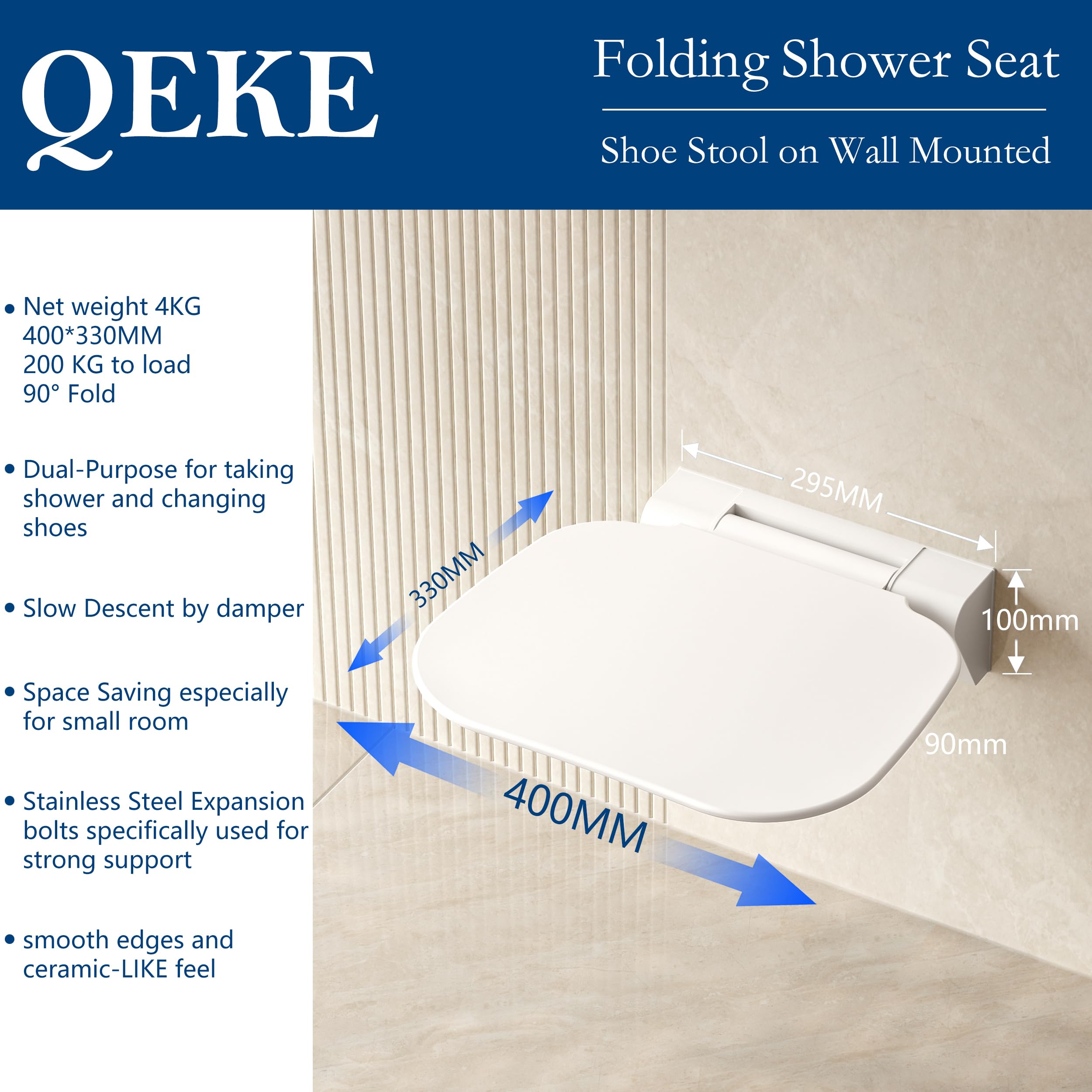 QEKE Asiento de ducha plegable en la pared, taburete de ducha plegable para montaje en pared, silla para baño, 200 kg, color blanco