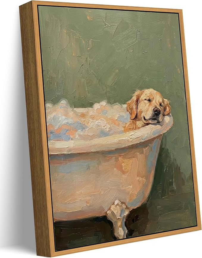 Golden Retriever in Bathtub Framed Wall Art, Cute Dog Funny Bathroom Wall Decor Picture, Canvas Painting Print, Vintage Golden Retriever Artwork for Bathroom Bedroom Decoration, 8x10in