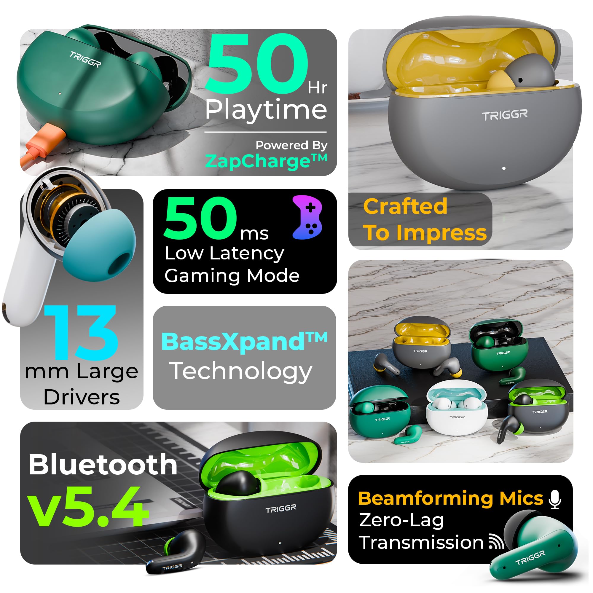TRIGGR Ultrabuds N3 with Crisp Calling, 50H Playtime, 13mm Drivers, BassXpand Bluetooth (Canary Smoke, in The Ear) — Amazon image 2
