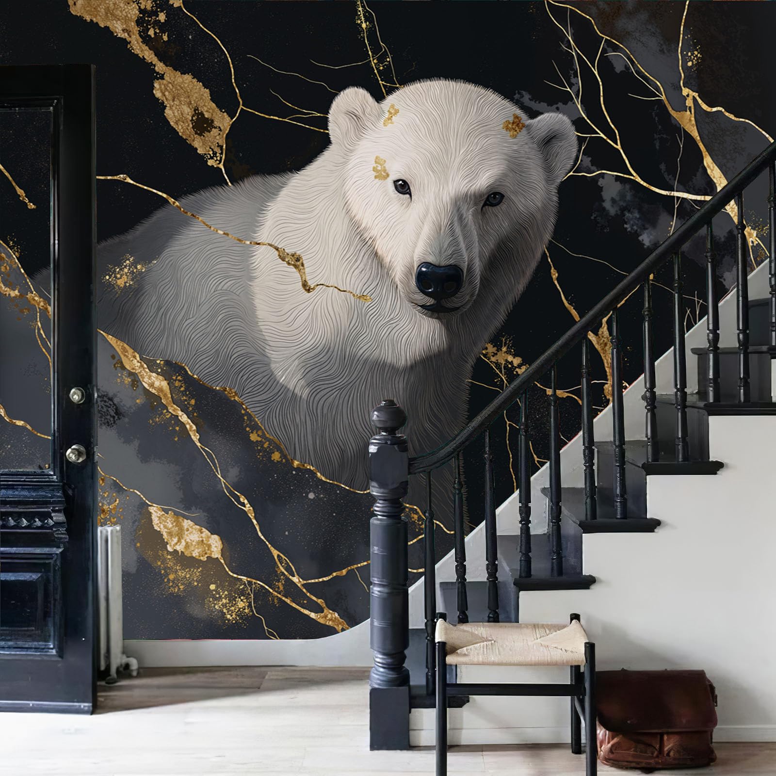 Carta Da Parati Fotografica Orso Polare 200x140cm Nero Decorazione Da Muro Poster Gigante Design Soggiorno Ufficio Camera Da Letto Effetto Marmo Lamina D'Oro