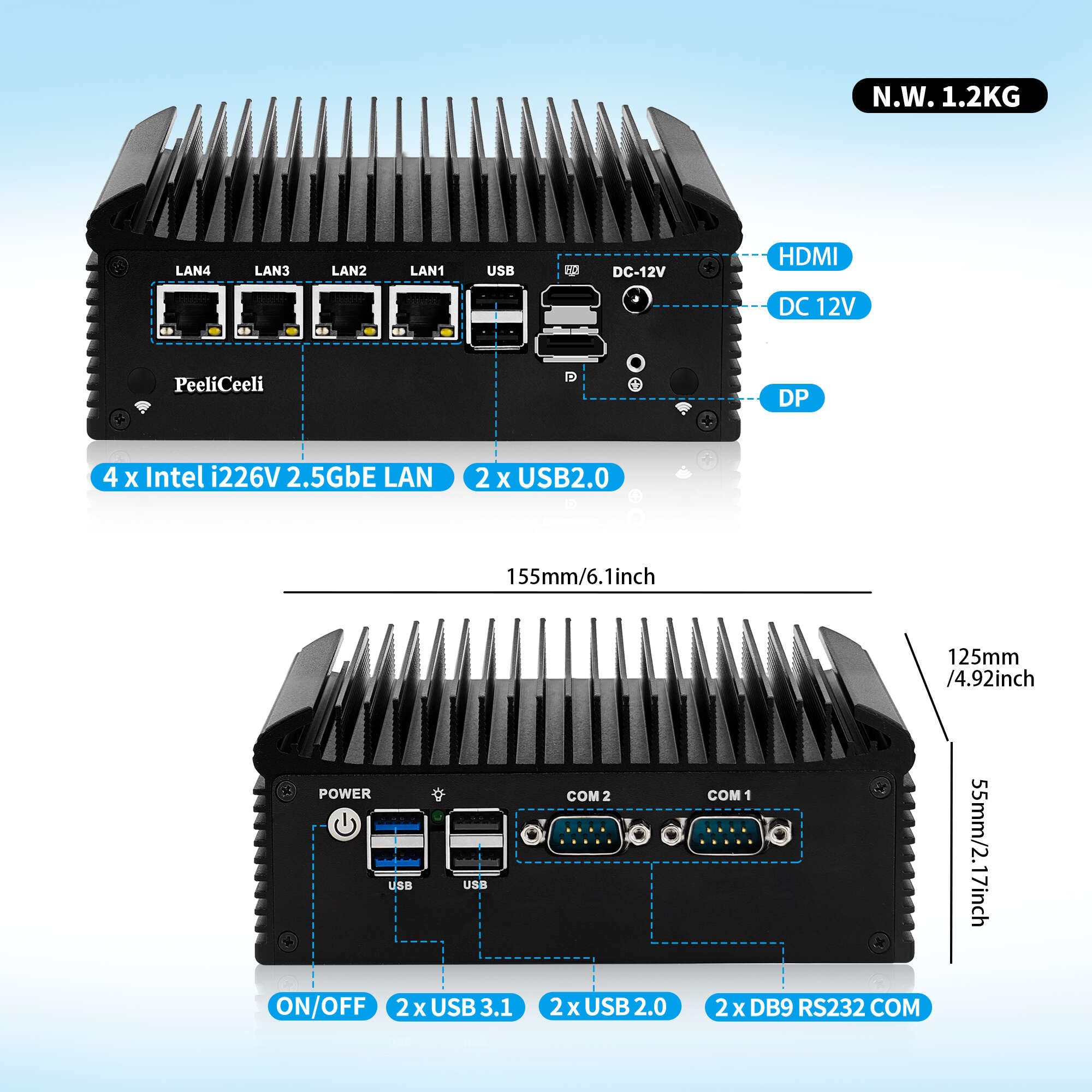 Mini PC Firewall, N305, Fanless Micro Computer Appliance, 4 x i226-V 2.5GbE LAN, Dual COM, Router Hardware, USB 3.1, HD, DP, OPNsense, AES-NI, DDR4, Barebone NO RAM NO SSD