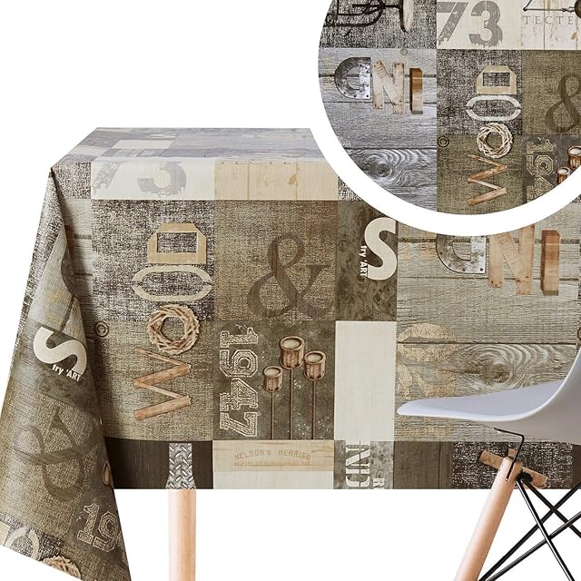 KP HOME Waterproof Tablecloth - Rectangular Oilcloth 78x55in | 200x140cm - Industrial Rustic Wood Effect Wipe Clean Table Cloth - Wipeable Plastic Dinning PVC Table Cover in Brown With Grey