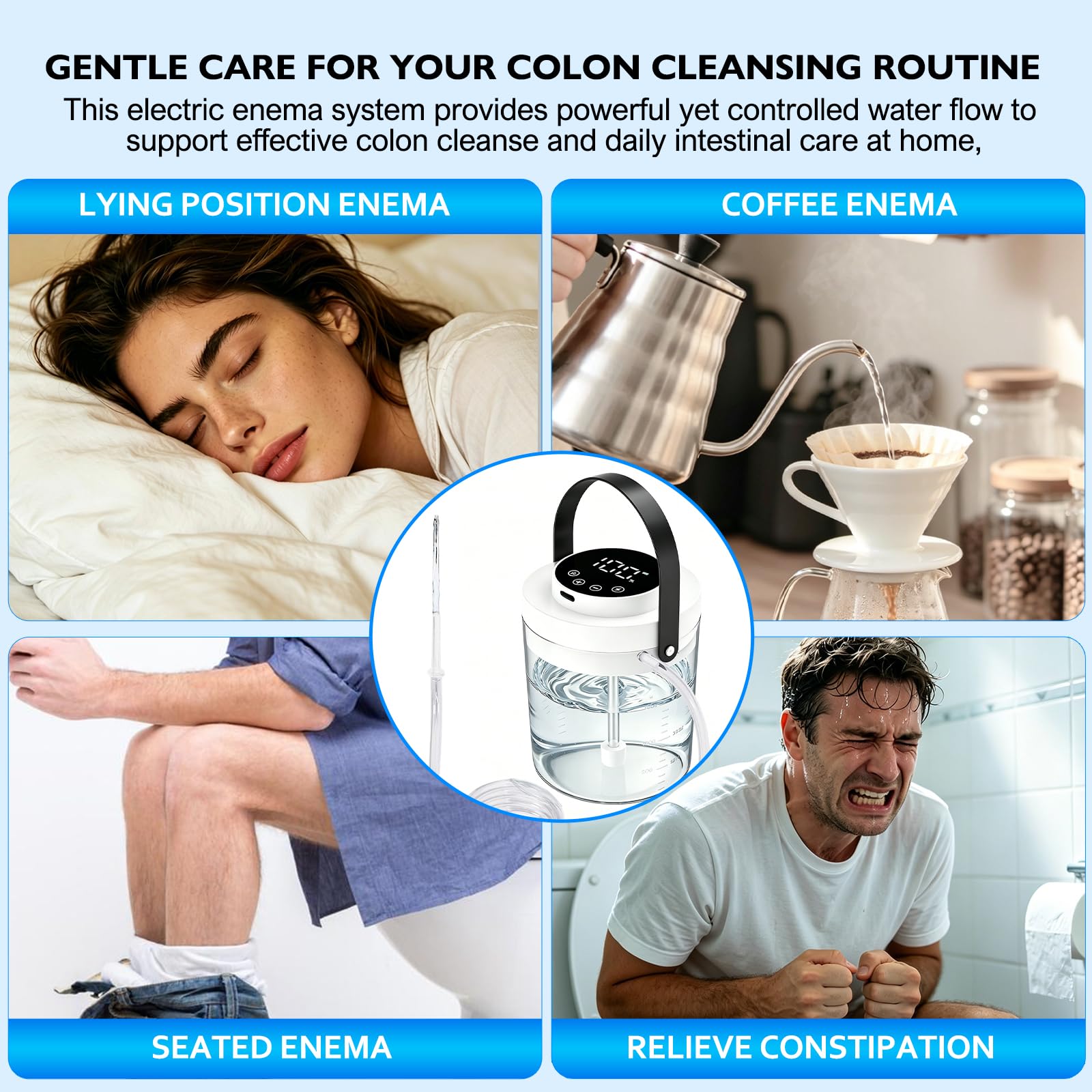 Kit de enema eléctrico de café para limpieza de colon para mujeres y hombres, cubo de enema de 1.5 L, kit de limpieza orgánica con presión de agua ajustable de 100 niveles, pantalla LED, 10 boquillas